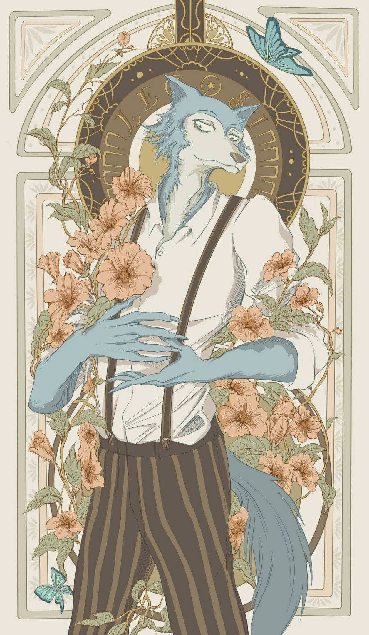 獸星 桌布 壁紙 — 一隻穿著白襯衫和吊帶褲的藍色擬人狐狸，在華麗的金色拱門內，優雅地站在桃花和蝴蝶之中。