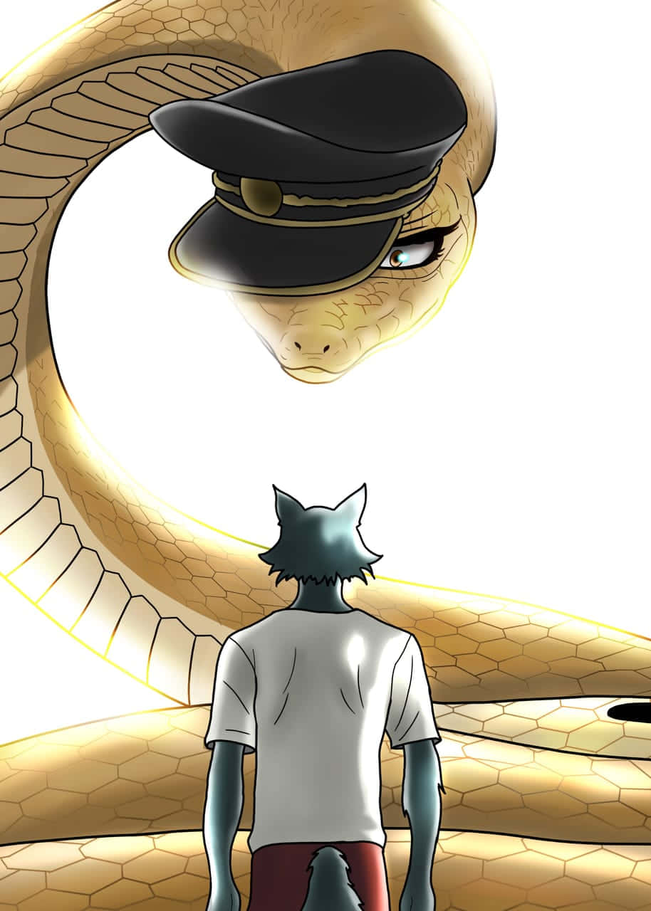 獸星 桌布 壁紙 — 一隻穿著白襯衫的小擬人化狐狸，面對著一條戴著黑色軍官帽的巨大金色蛇。