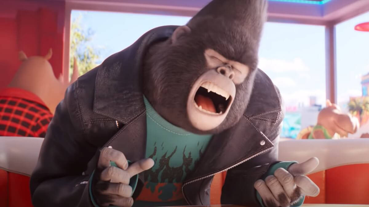 Gorilla 桌布 壁紙 — 一隻穿著皮夾克的動畫大猩猩在餐廳櫃檯前憤怒地尖叫，表情誇張如卡通。