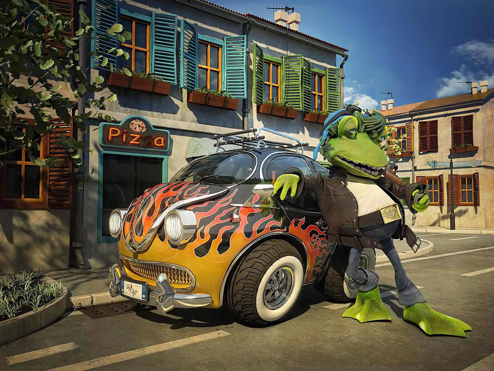 Frog 桌布 壁紙 — 一隻穿著皮夾克的綠色擬人化鱷魚，靠在一輛停在披薩店前、車身繪有火焰圖案的復古車旁，披薩店有色彩繽紛的百葉窗。