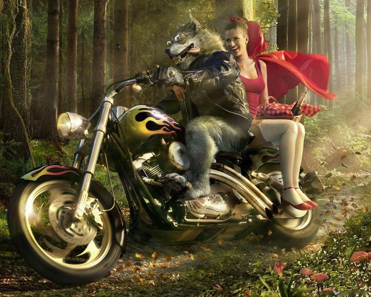 Werewolf Costumes 桌布 壁紙 — 一隻穿著皮衣的狼騎著一輛火焰圖案的摩托車，穿過陽光明媚的森林，後座坐著一位微笑的紅斗篷女子。
