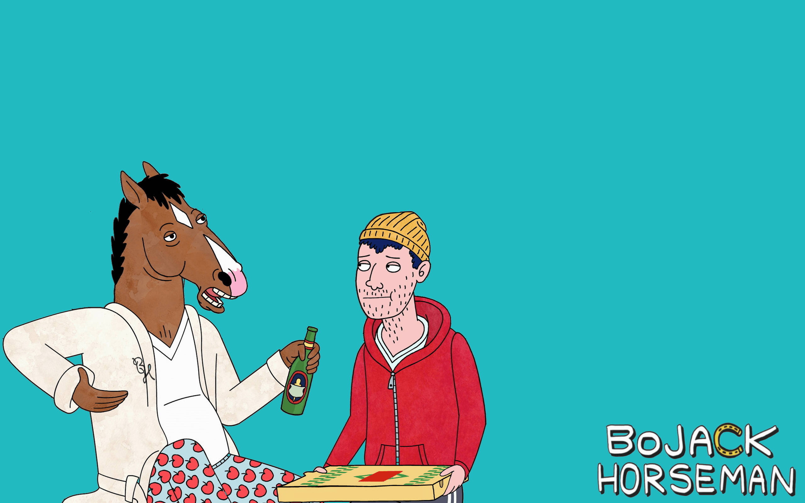 bojack 桌布 壁紙 — 一隻穿著睡衣的卡通馬向一個穿著紅色連帽衫、拿著披薩的男人遞上一杯啤酒，背景是純青色。