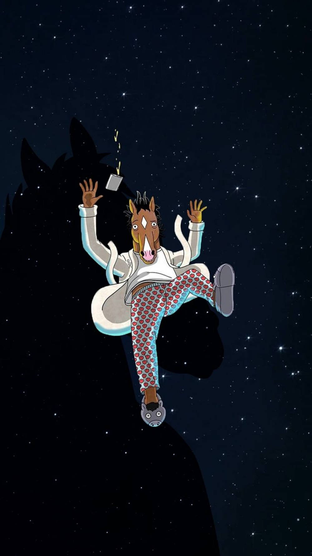 iPhone animation 桌布 壁紙 — 一隻穿著睡衣的卡通馬漂浮在星空之中，茶杯從他手中掉落。