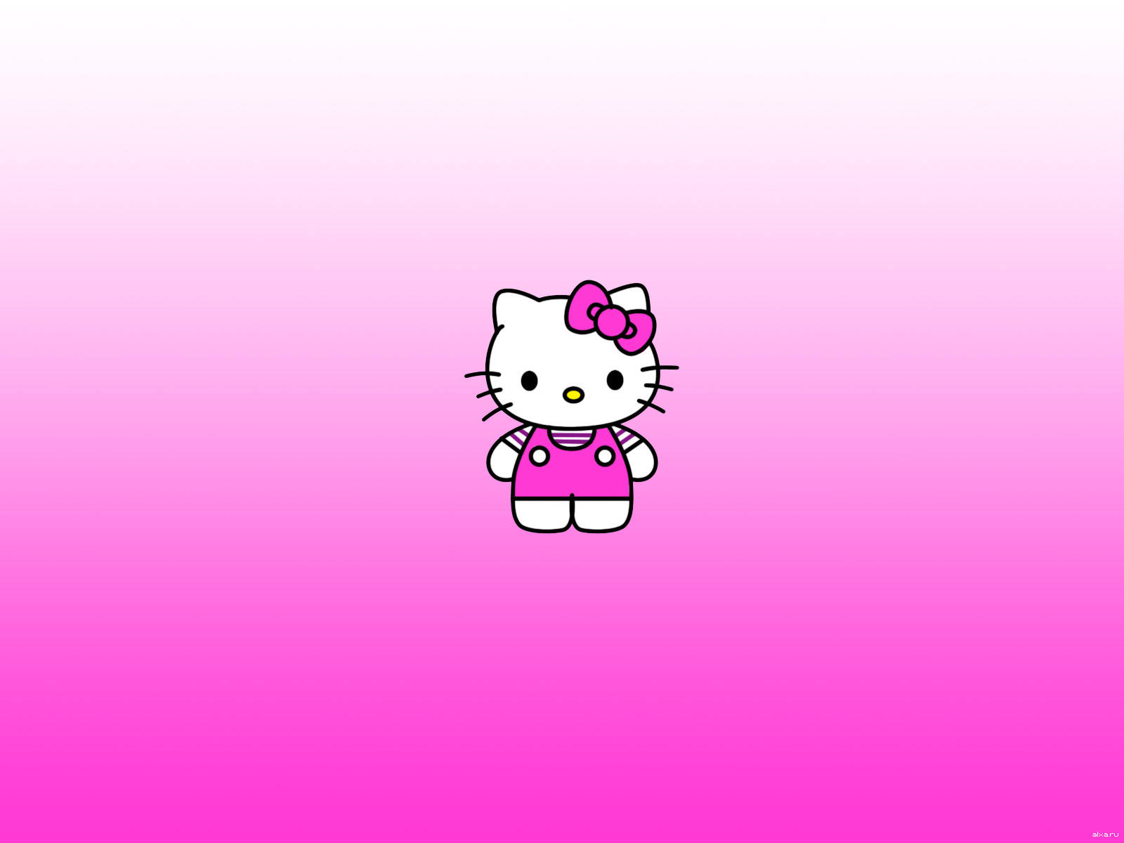 Hello Kitty 桌布 壁紙 — 一隻穿著粉紅色吊帶褲和蝴蝶結的可愛卡通貓咪，站在柔和的粉紅色漸變背景中央。