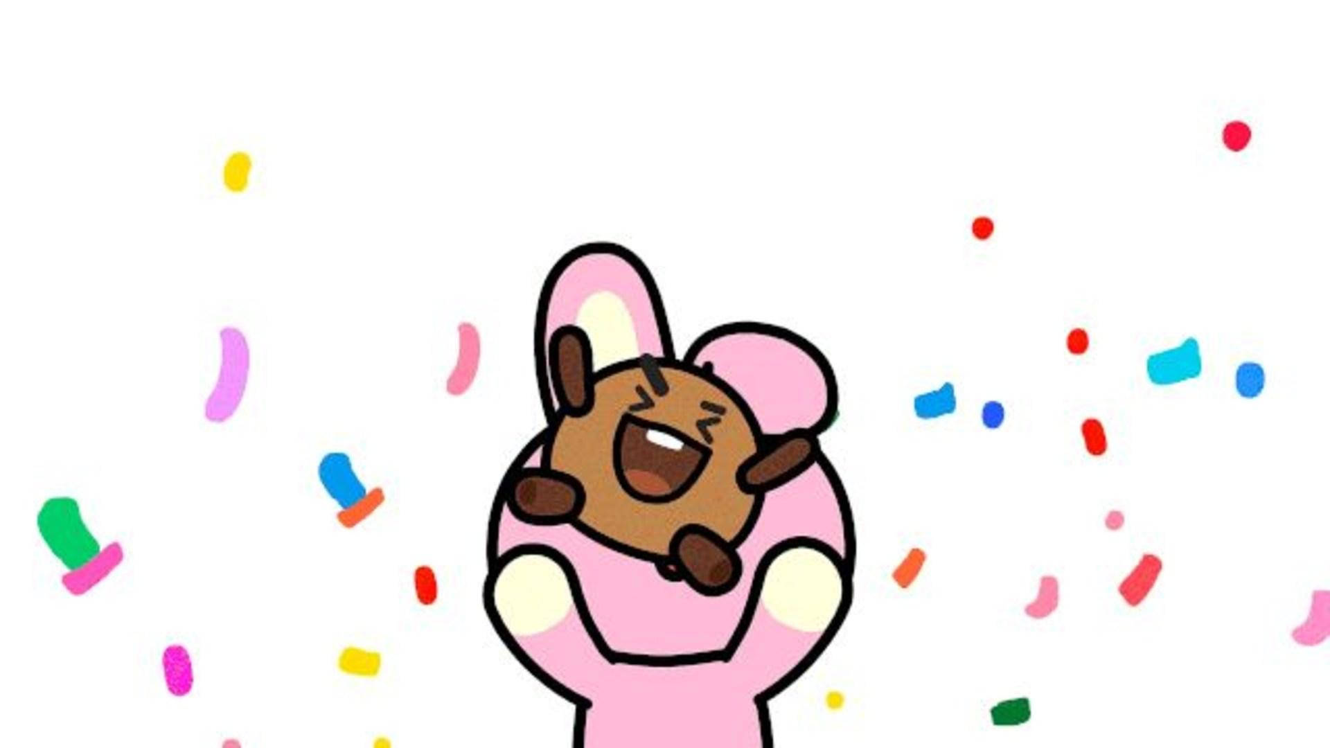 shooky bt21 桌布 壁紙 — 一隻穿著粉紅色服裝的卡通兔子高興地抱著一隻棕色熊玩偶，周圍有五彩紙屑爆開。