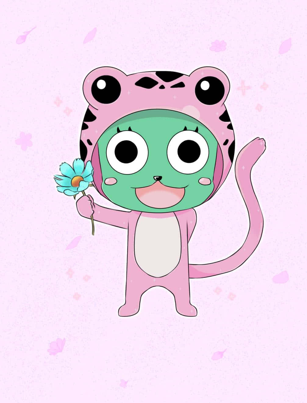 Frosch 桌布 壁紙 — 一隻穿著粉紅色老虎連體衣的快樂綠色青蛙角色，在帶有漂浮花瓣的柔和粉紅色背景前拿著一朵藍色的花。