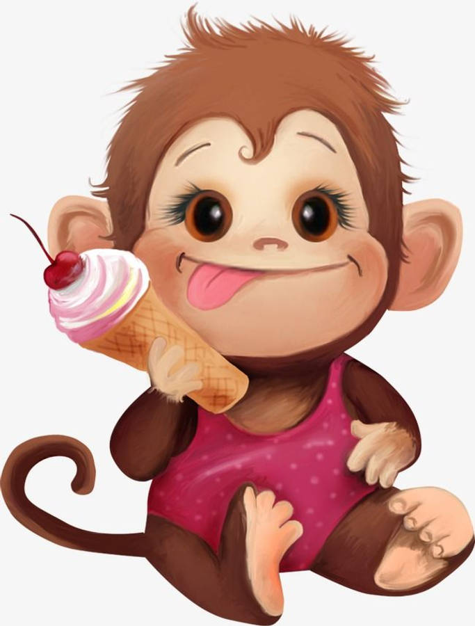 Baby Monkey 桌布 壁紙 — 一隻穿著粉紅色衣服的可愛卡通猴子，正在開心舔著櫻桃冰淇淋甜筒。