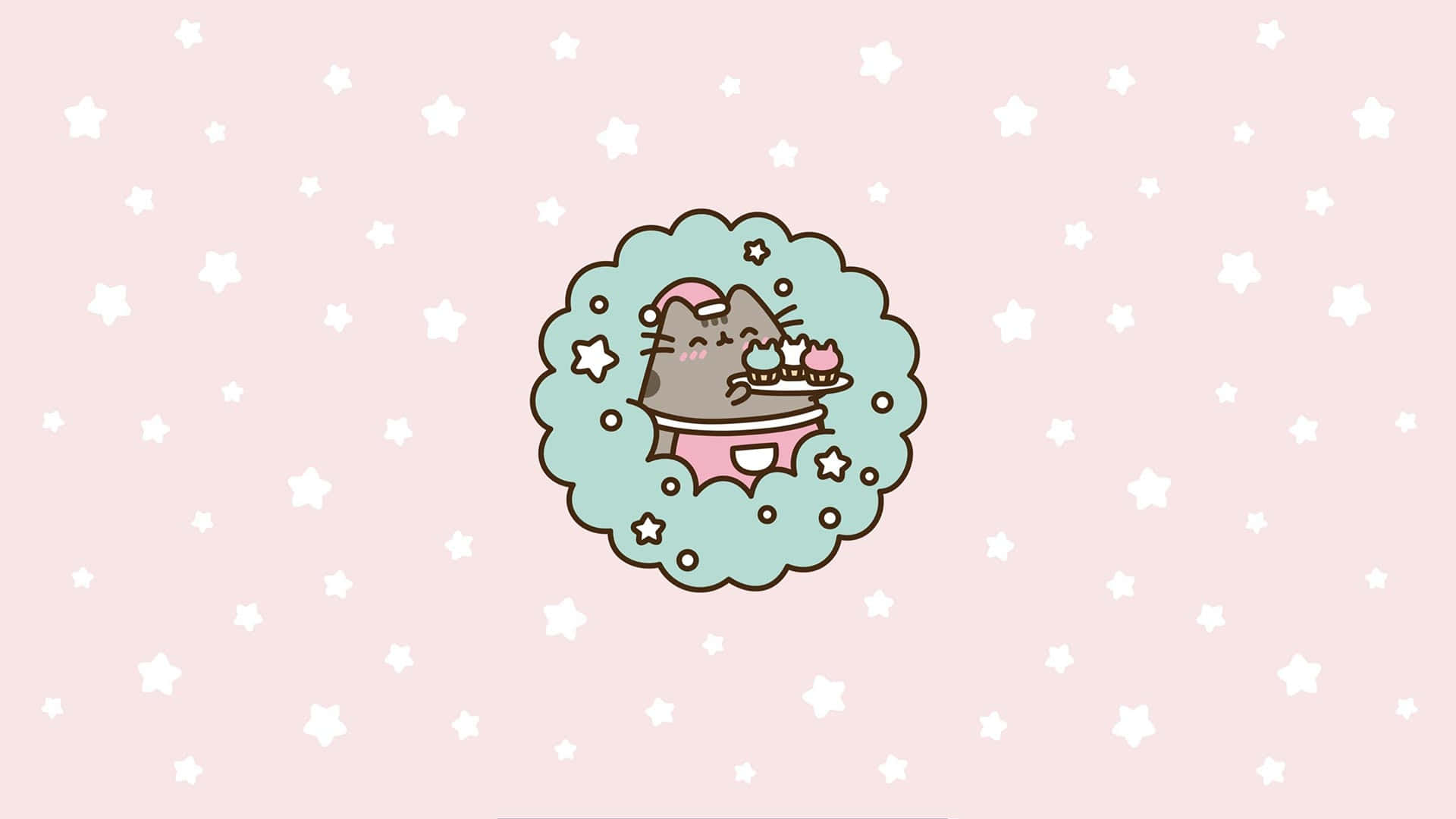 pusheen 動圖 桌布 壁紙 — 一隻穿著粉紅色衣服的可愛卡通貓咪，開心地坐在雲朵裡，拿著杯子蛋糕，背景是柔和的粉紅色和白色星星。