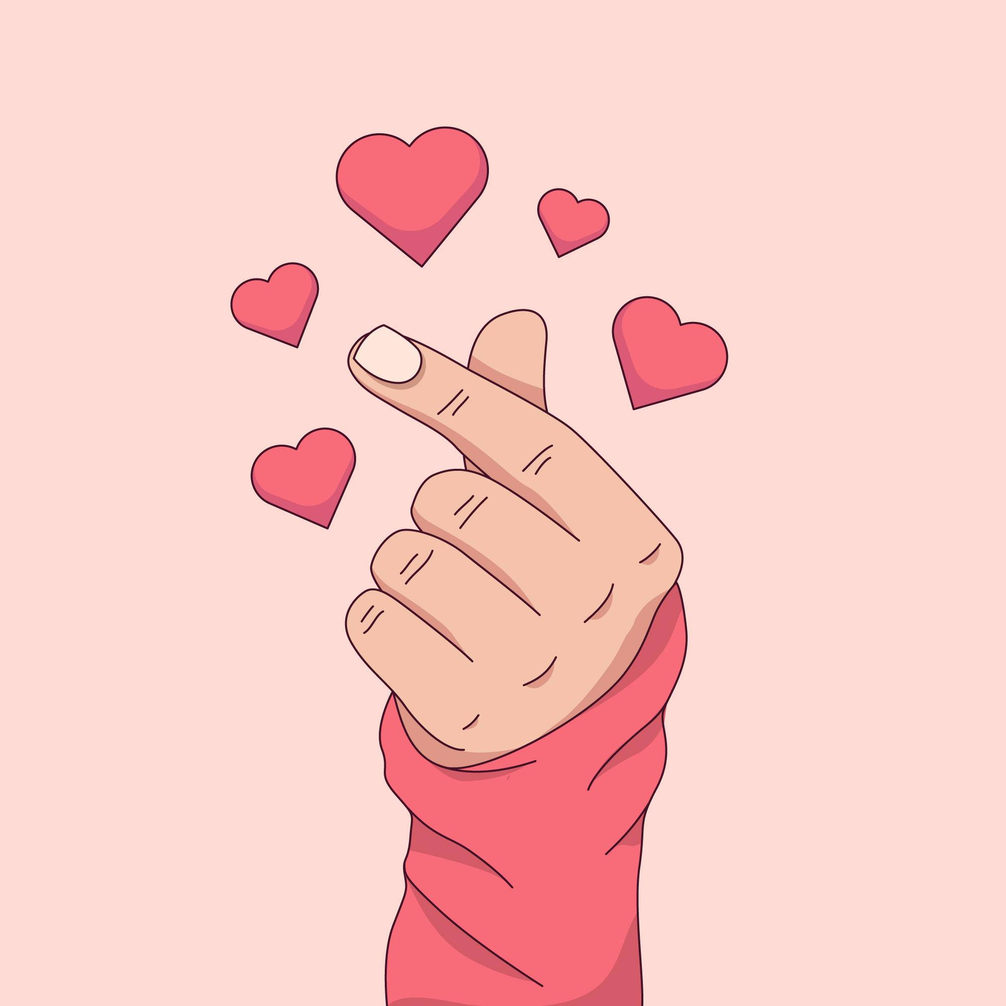 Love Drawings 桌布 壁紙 — 一隻穿著粉紅色袖子的卡通手，在柔和的粉紅色背景上做出心形手勢，周圍漂浮著粉紅色的心形。