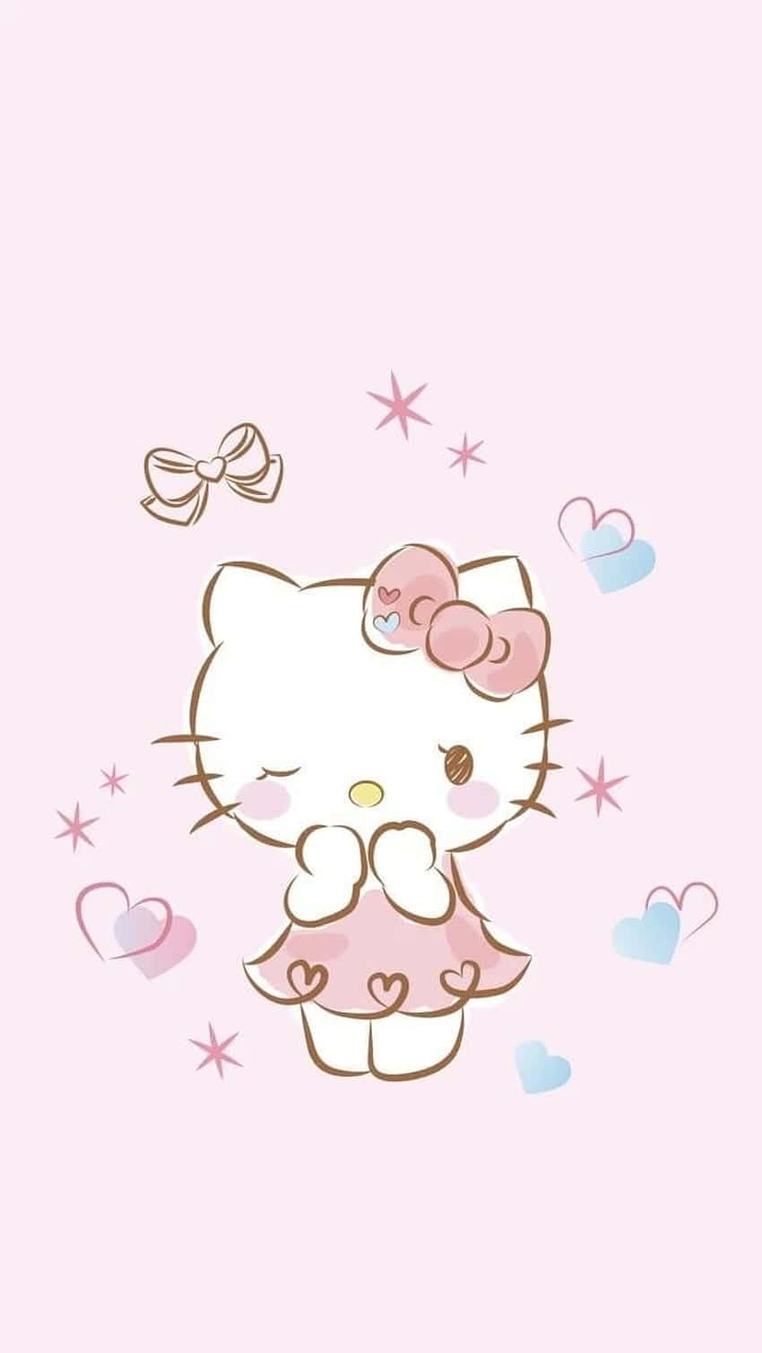 Kawaii Hello Kitty 桌布 壁紙 — 一隻穿著粉紅色連衣裙的可愛卡通貓咪，周圍漂浮著愛心和星星，背景是柔和的粉紅色。