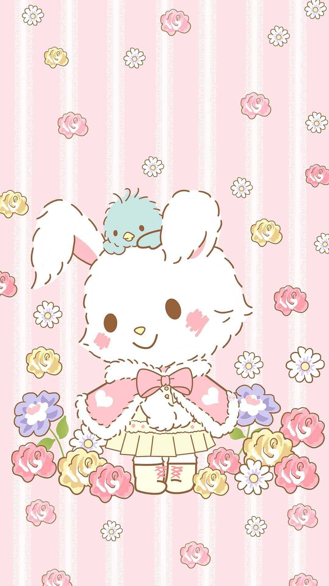 Cinnamoroll Sanrio 桌布 壁紙 — 一隻穿著粉紅色連衣裙的可愛小白兔在條紋粉紅色背景上被色彩繽紛的花朵包圍著微笑。