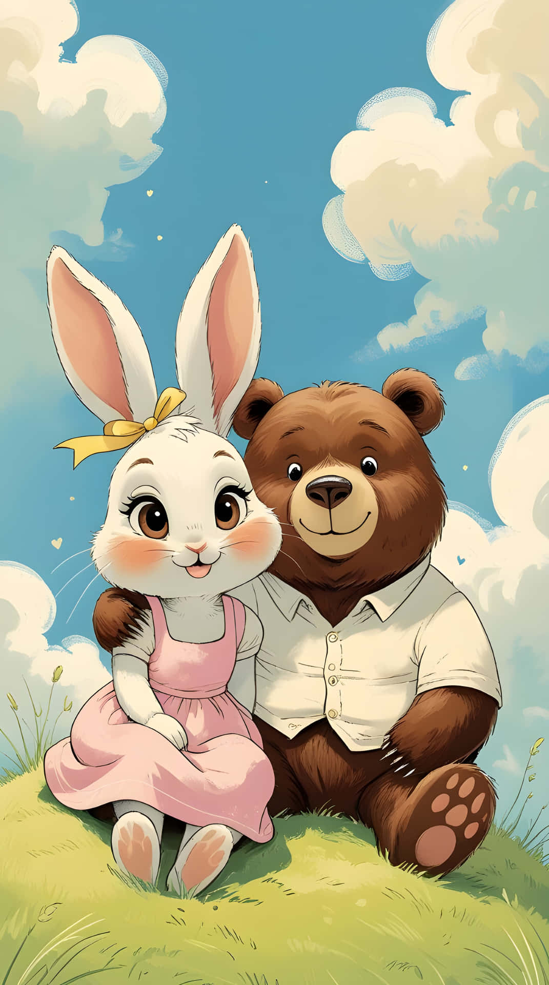 A cute friendship with cony and brown 壁紙 — 一隻穿著粉紅色連衣裙的可愛白兔和一隻穿著白襯衫的棕熊一起坐在草地上，藍天白雲下。