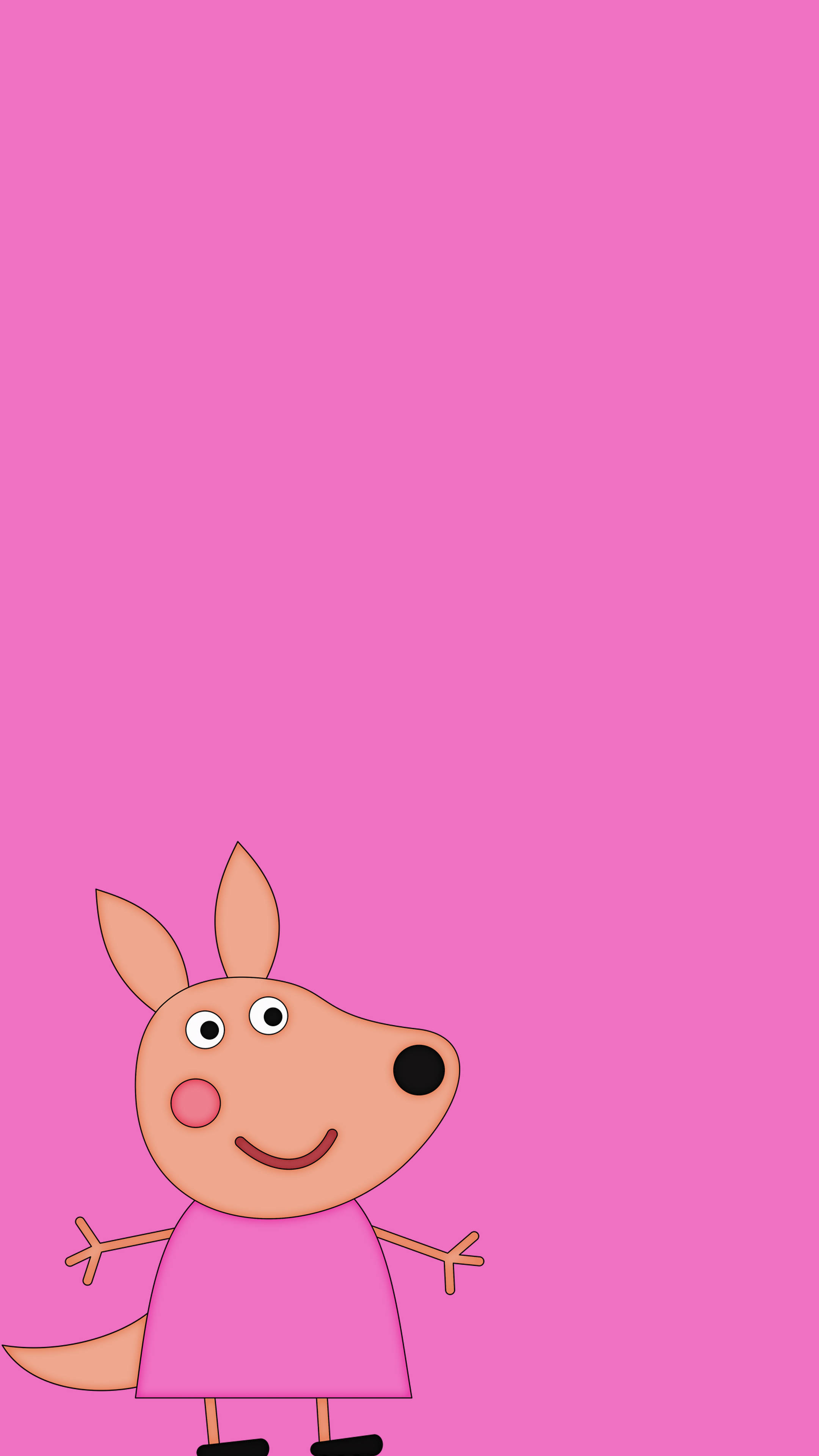 Peppa 桌布 壁紙 — 一隻穿著粉紅色連衣裙的快樂卡通袋鼠，在純粉紅色背景前張開雙臂站立。
