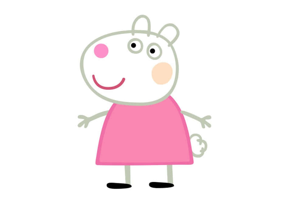 Suzy Sheep 桌布 壁紙 — 一隻穿著粉紅色連衣裙的快樂卡通豬站著微笑，具有簡單的圓形特徵和柔和色彩。