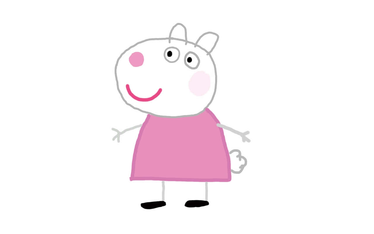Suzy Sheep 桌布 壁紙 — 一隻穿著粉紅色連衣裙的快樂卡通豬，在純白色背景上露出玫瑰色臉頰微笑。