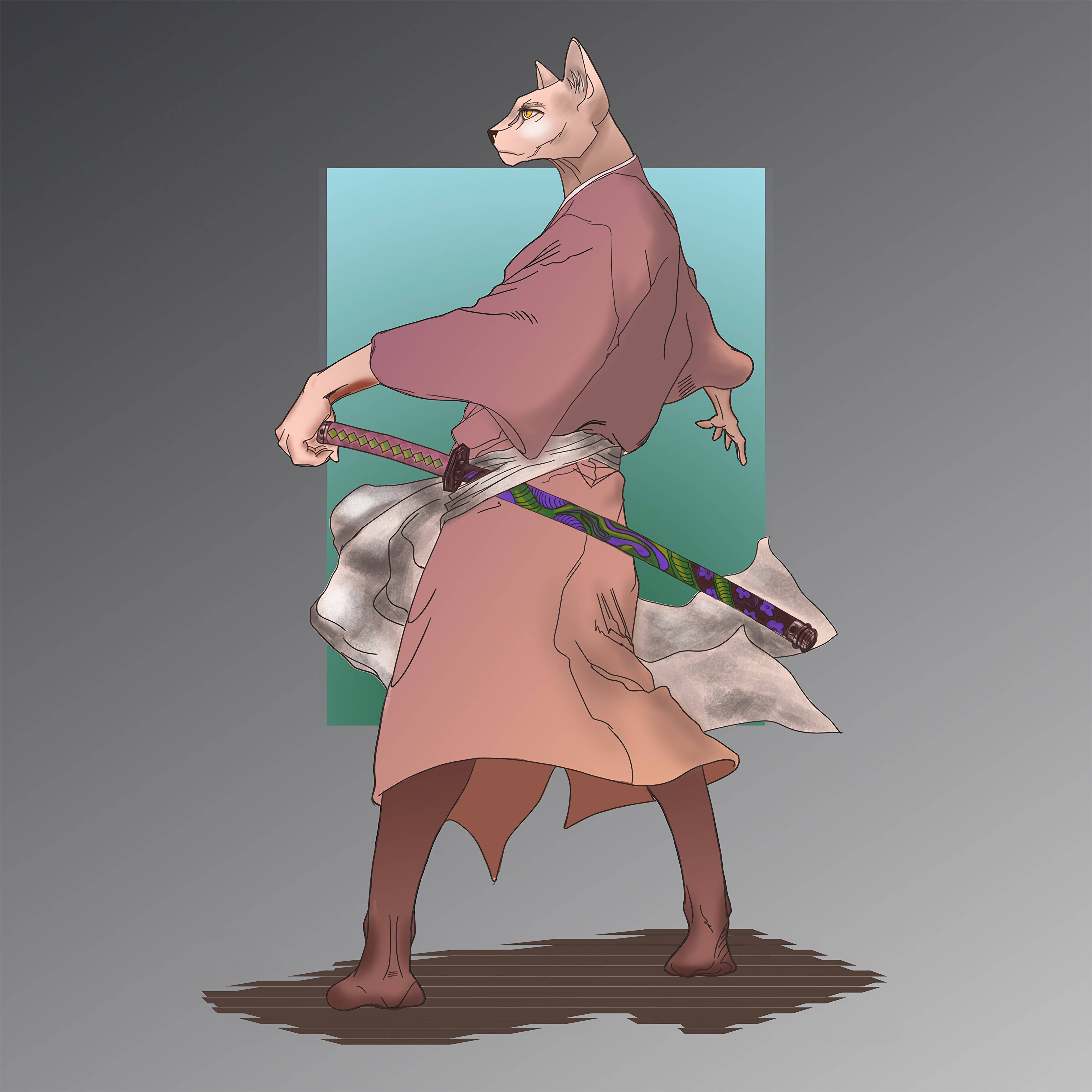 武士動畫 桌布 壁紙 — 一隻穿著粉紅色長袍的貓武士在灰色背景上對著青綠色矩形拔出武士刀。