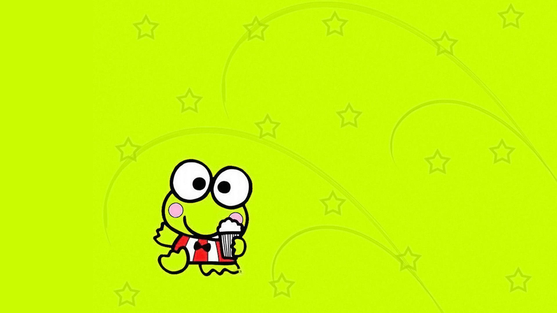 Keroppi 桌布 壁紙 — 一隻穿著紅白條紋襯衫的快樂卡通青蛙，在淺綠色背景上有微弱星星和漩渦，拿著一個爆米花桶。
