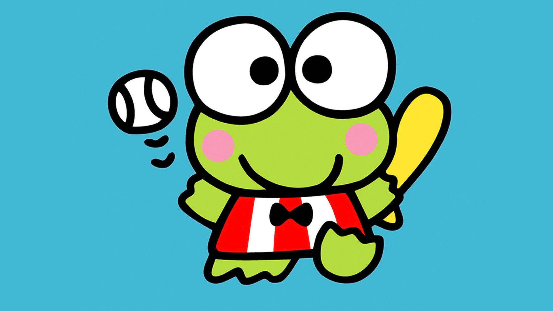 Keroppi 桌布 壁紙 — 一隻穿著紅白條紋襯衫的快樂卡通青蛙，在純藍色背景上揮動黃色球棒擊打棒球。