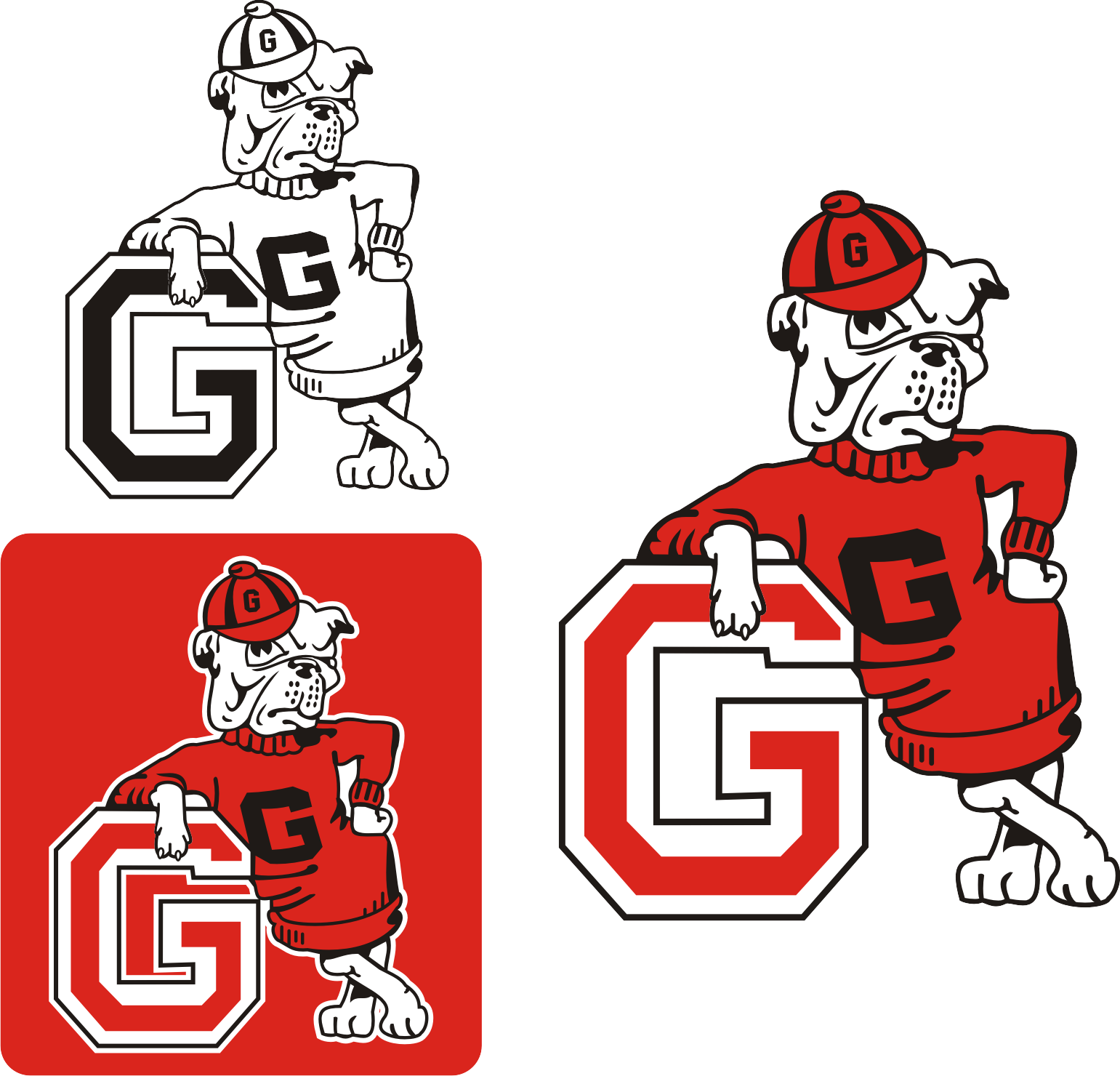 Georgia Bulldogs Logo 桌布 壁紙 — 一隻穿著紅白運動裝備的鬥牛犬吉祥物，以四種風格化版本手持一個大型G標誌。