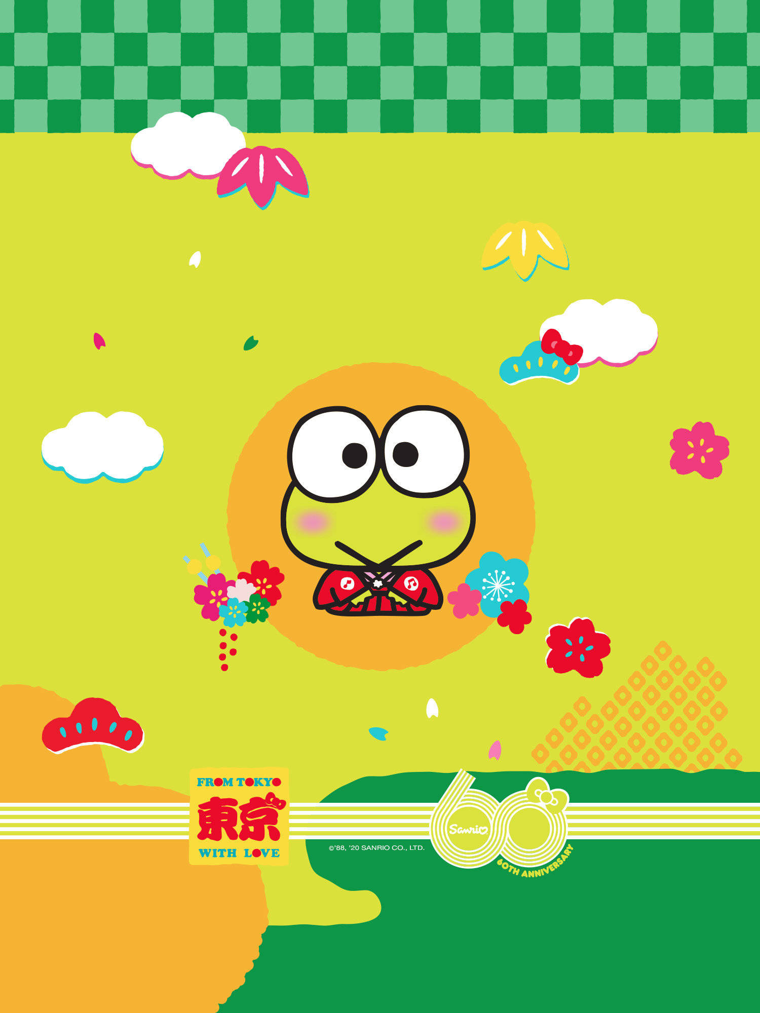 Keroppi 桌布 壁紙 — 一隻穿著紅色和服的開心卡通青蛙坐在陽光中，被櫻花和雲朵包圍，背景是綠色格子天空。