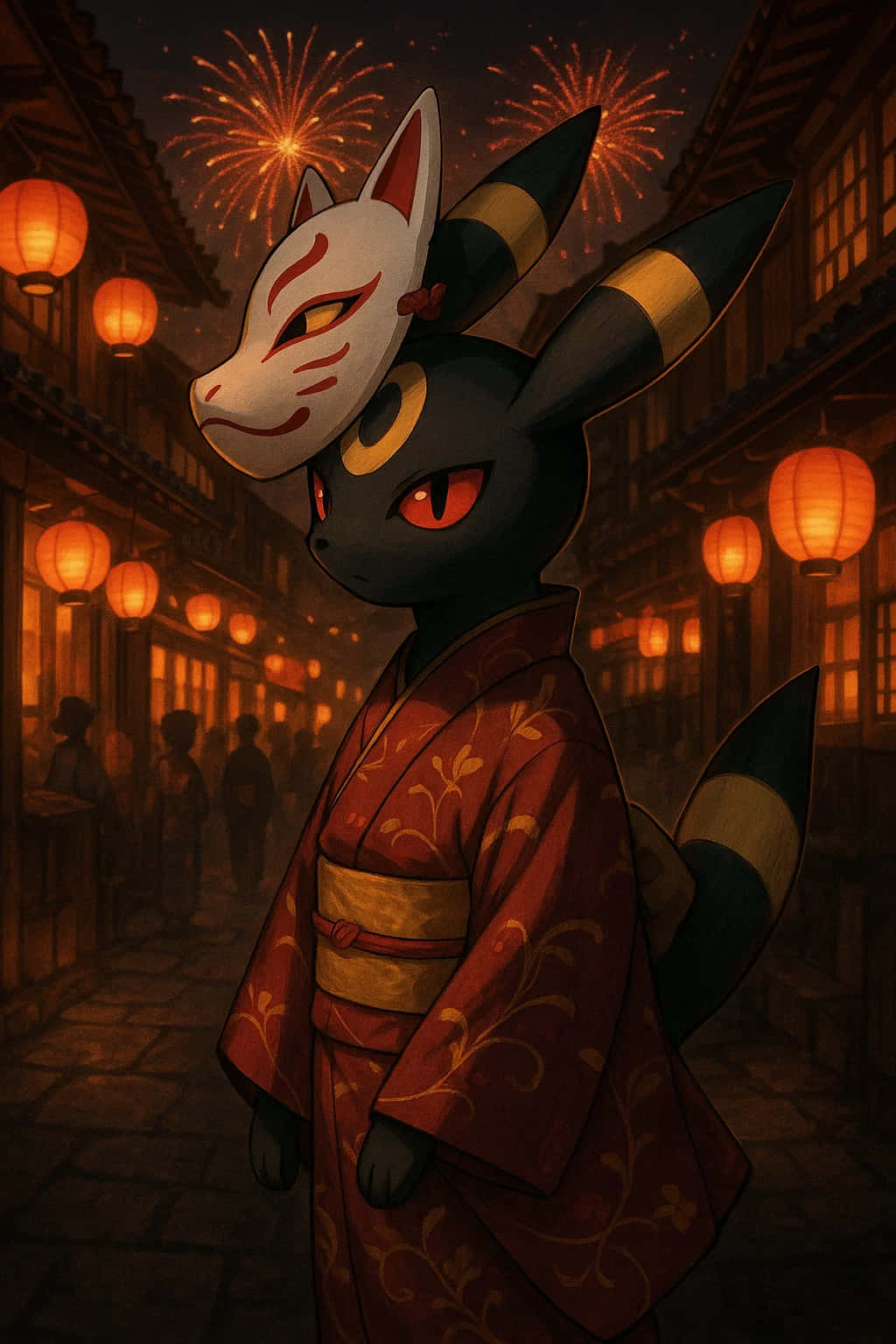 Umbreon Pokemon 4K HD Wallpaper WEBP MOBILE Backgrounds 壁紙 — 一隻穿著紅色和服的黑色狐狸般生物，在發光的燈籠下戴著白色狐狸面具，煙火在傳統日本街道上空綻放。