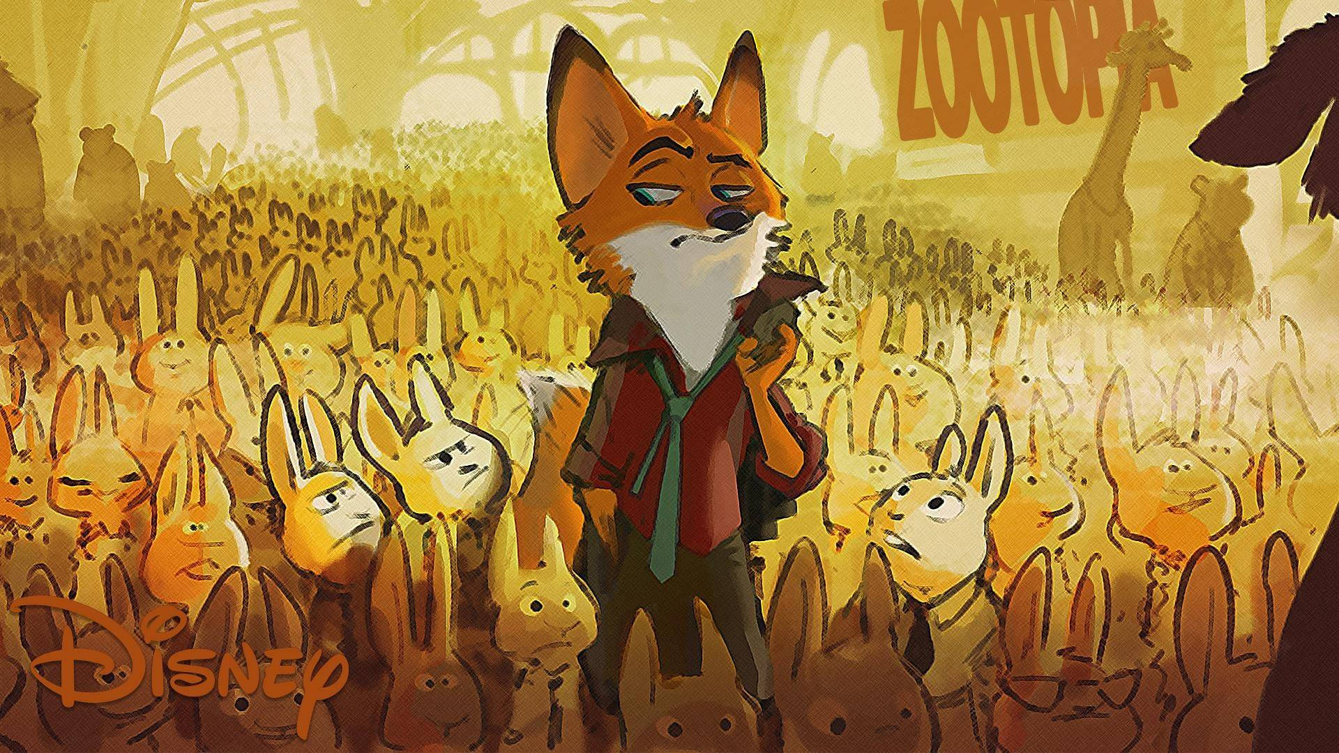 動物方城市 桌布 壁紙 — 一隻穿著紅色外套的狐狸自信地站在一群兔子中間，在動物方城市溫暖的金色燈光下。