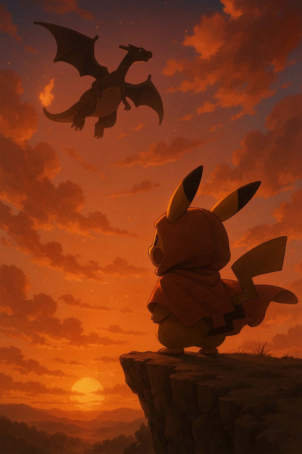 Pikachu HD Wallpaper WEBP 4K Background Download 壁紙 — 一隻穿著紅色斗篷的小皮卡丘站在懸崖上，看著一隻飛翔的噴火龍，背景是火紅橙色的日落天空。