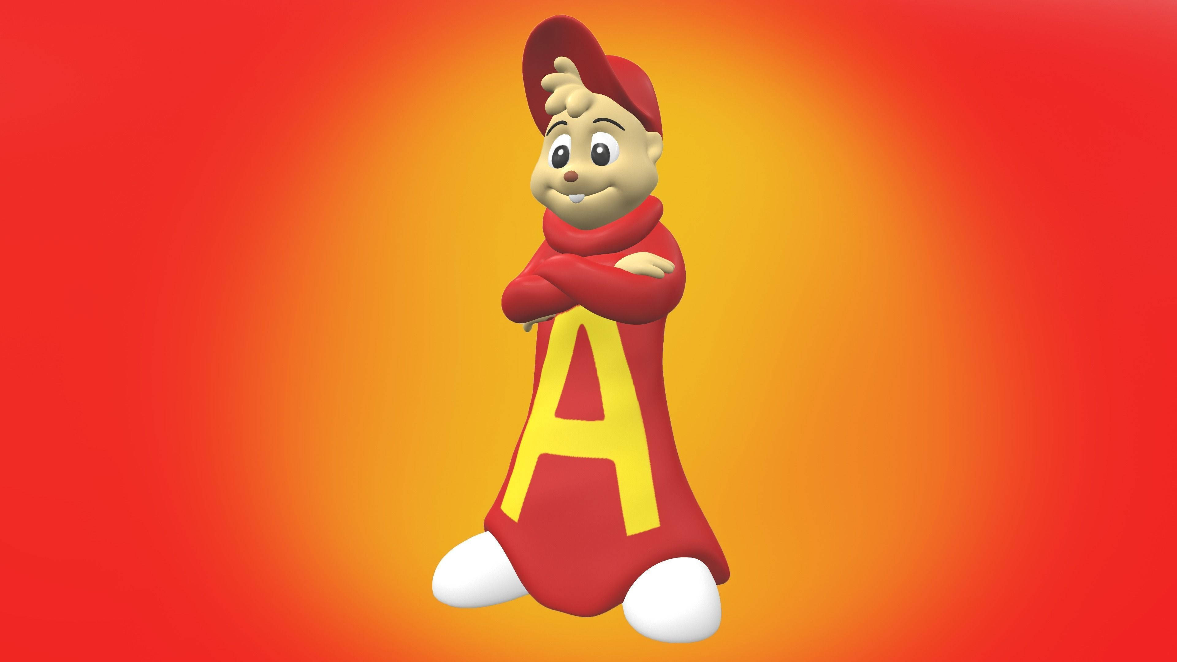 Chipmunks 桌布 壁紙 — 一隻穿著紅色服裝、帶有黃色 'A' 的開心卡通花栗鼠，自信地站在溫暖的漸層背景前。