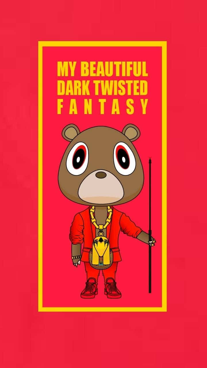 kanye west android 桌布 壁紙 — 一隻穿著紅色服裝和金色鏈條的卡通熊，在鮮紅色背景上粗體黃色文字下方站立並手持權杖。