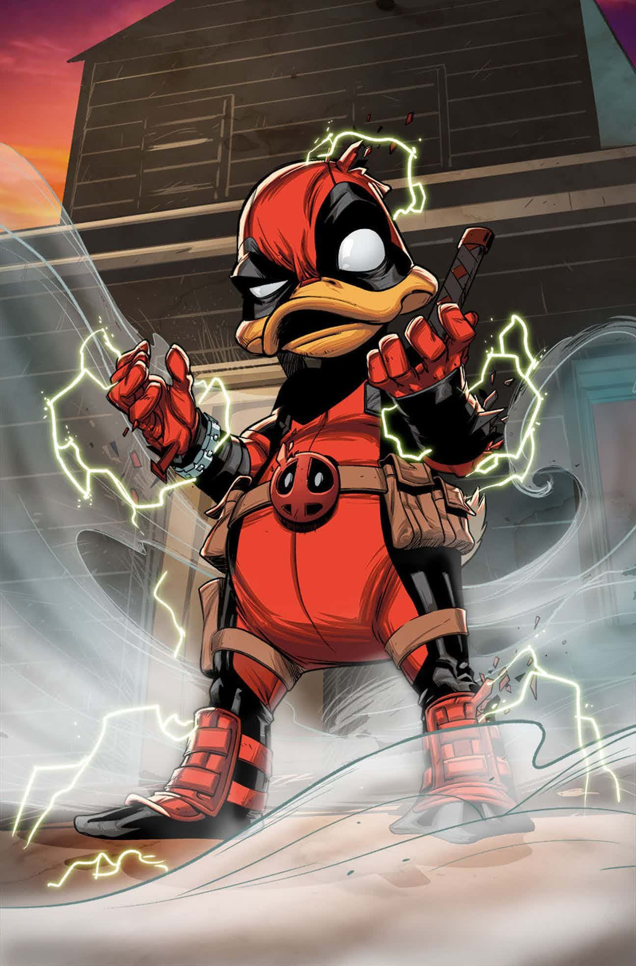 Deadpool Cartoon 桌布 壁紙 — 一隻穿著紅色死侍服裝的卡通鴨，在日落城市背景下，用發光的拳頭引導電能。