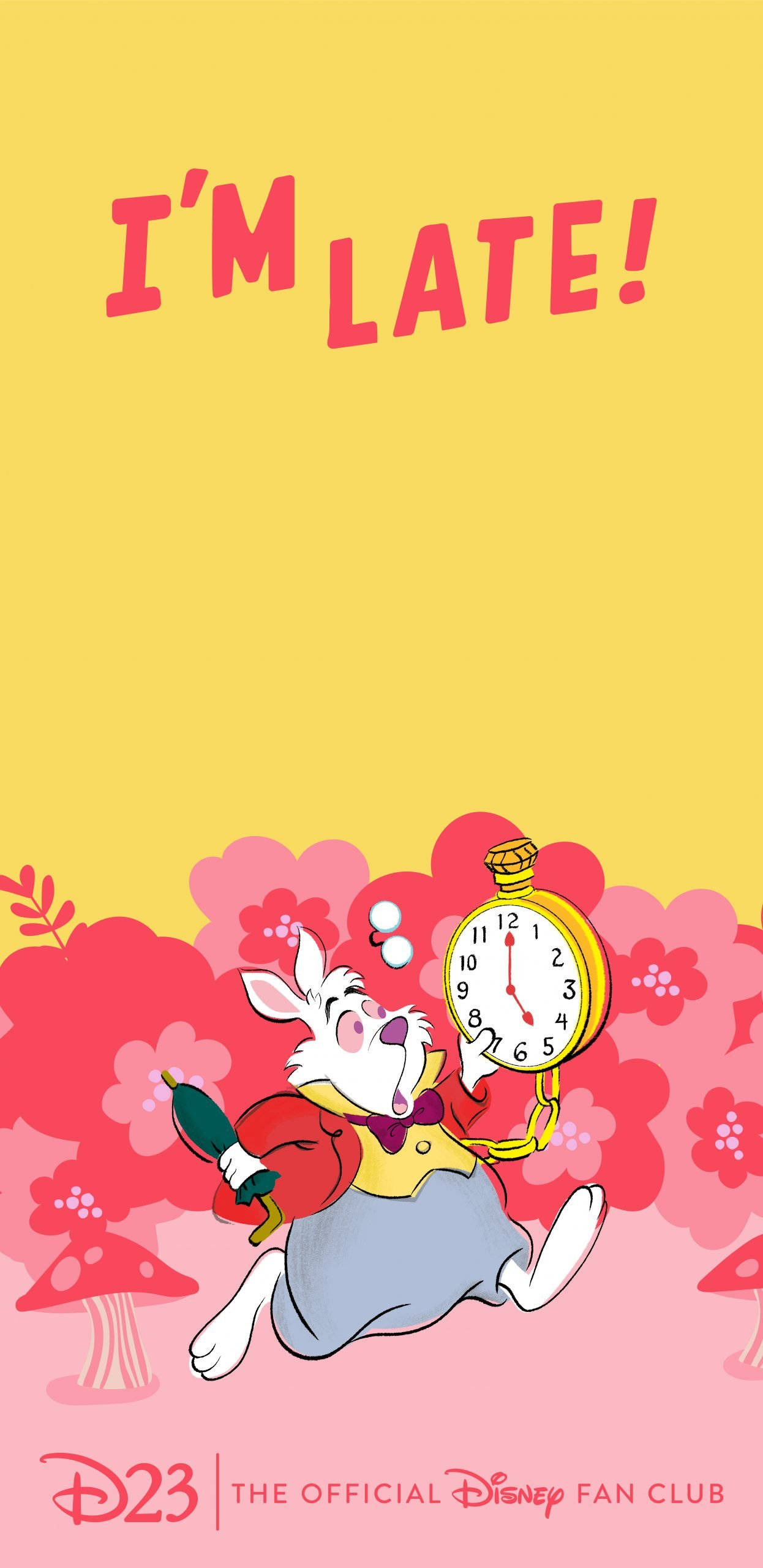 Alice In Wonderland Phone 桌布 壁紙 — 一隻穿著紅色背心的瘋狂白兔穿過粉紅色的花朵奔跑，手裡拿著一個懷錶和一個瓶子，上面寫著「我遲到了！」。