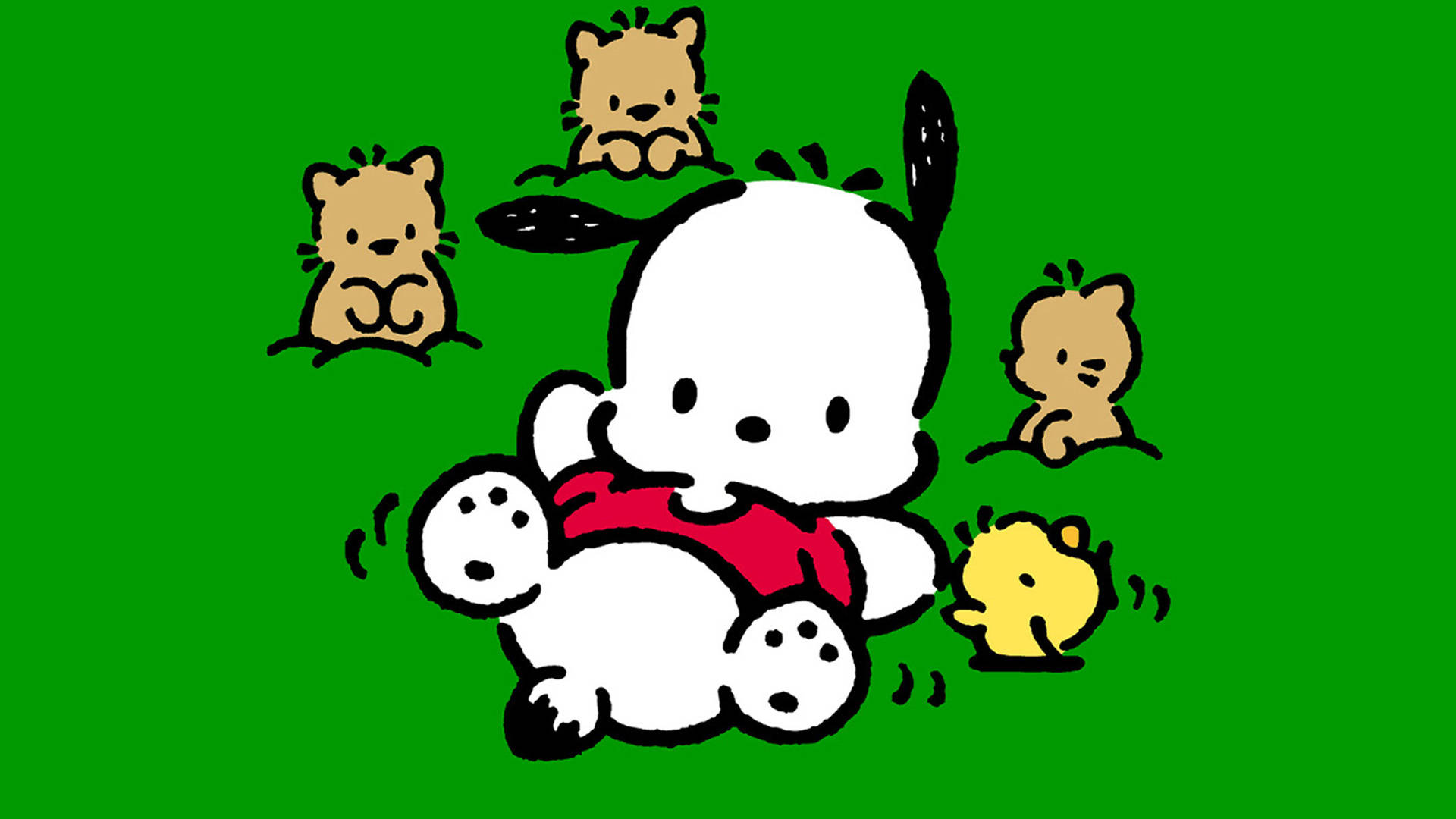 Pochacco 桌布 壁紙 — 一隻穿著紅色襯衫的卡通小狗坐在純綠色背景上，周圍環繞著小貓和小雞。
