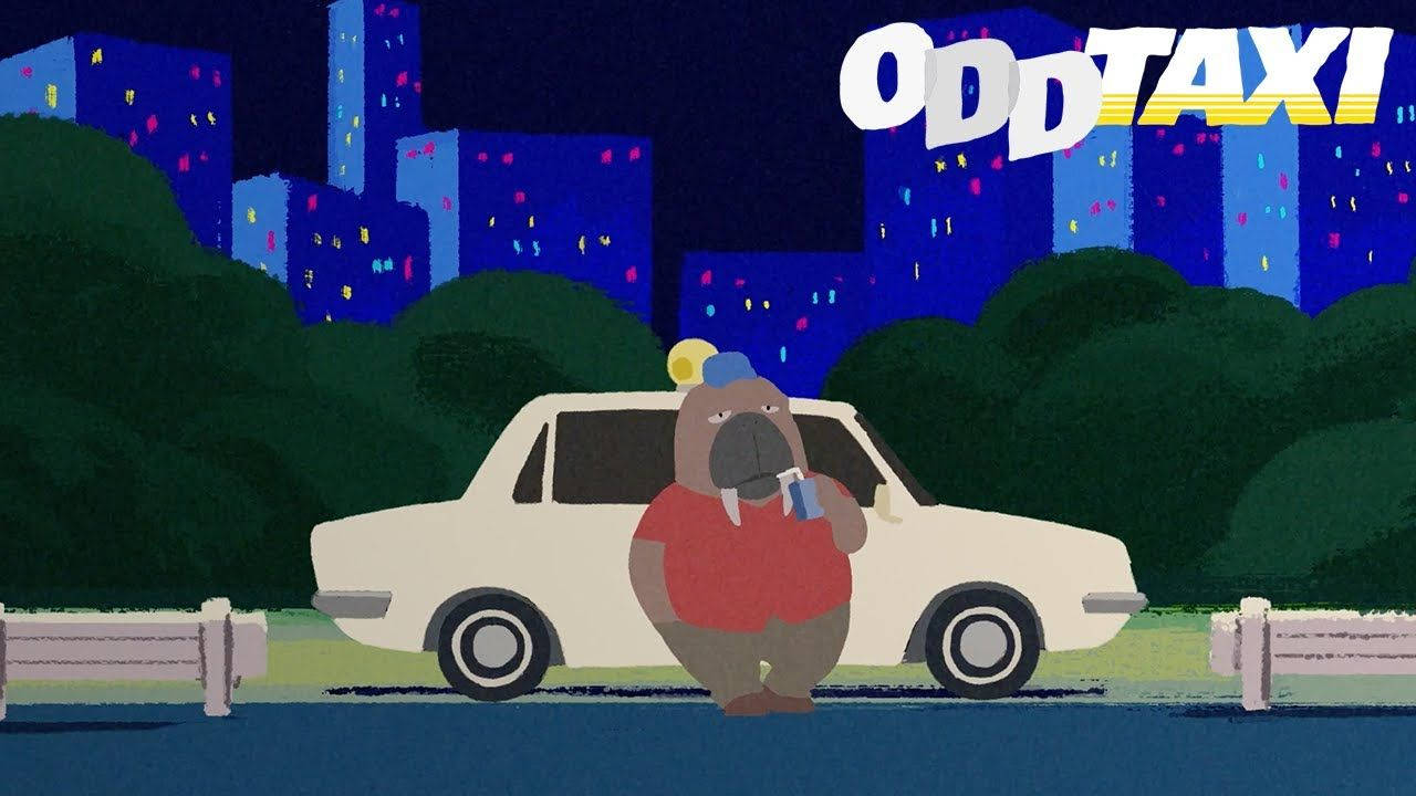 taxi 桌布 壁紙 — 一隻穿著紅色襯衫的卡通海象在夜晚站在白色計程車旁邊，背景是城市天際線。