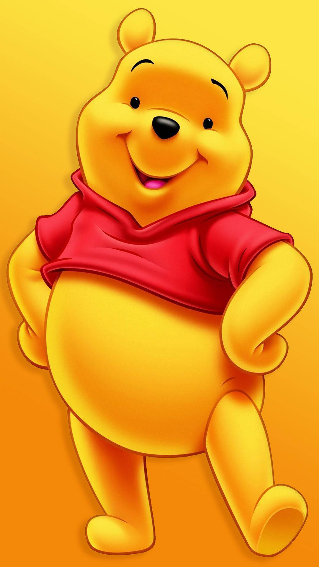 一隻微笑的黃色卡通熊穿著紅色襯衫在黃色背景上。 — Winnie the pooh GIF 壁紙