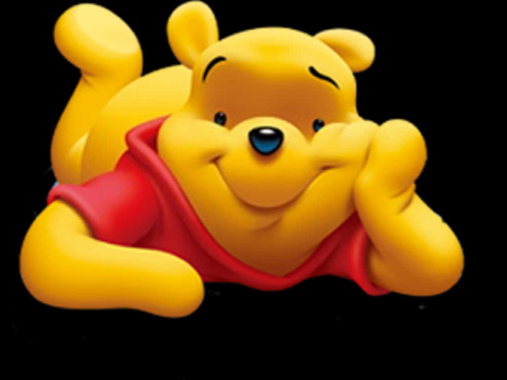 winnie the pooh 桌布 壁紙 — 一隻穿著紅色襯衫的快樂黃色卡通熊仰臥在黑色背景上，雙臂舉起。