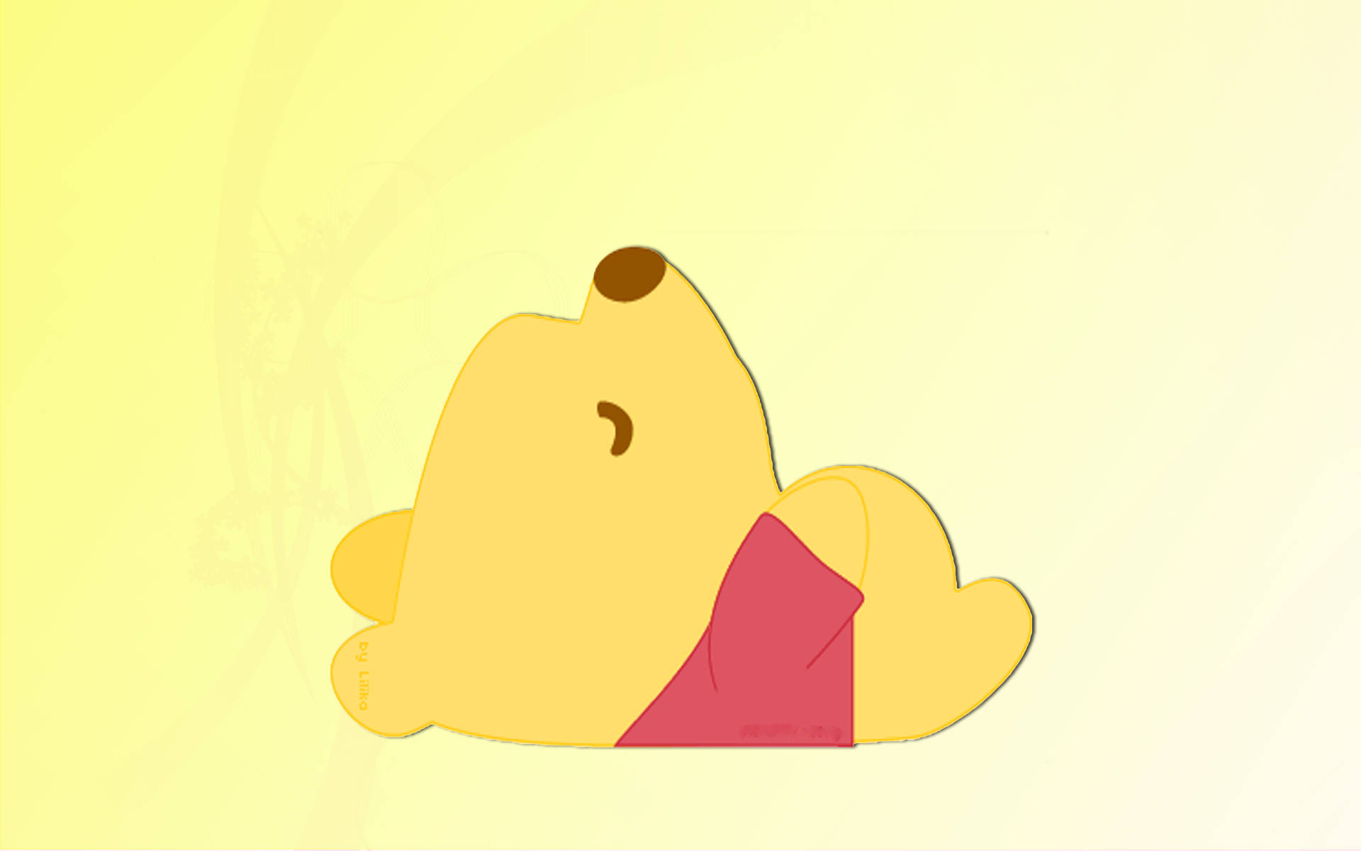 winnie the pooh 桌布 壁紙 — 一隻穿著紅色襯衫的極簡卡通熊在柔和的黃色漸變背景上安詳地睡著。