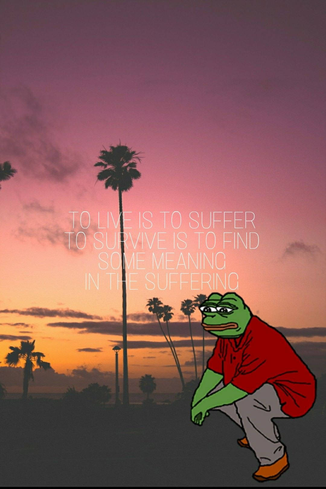 meme 桌布 壁紙 — 一隻穿著紅色襯衫的綠色青蛙，在充滿活力的日落天空下蹲著，背景有棕櫚樹和鼓舞人心的文字。