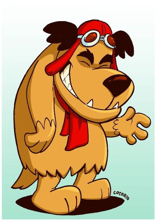 Muttley 桌布 壁紙 — 一隻穿著紅色飛行裝備的開心卡通狗，在淺藍色漸變背景上張開雙臂咧嘴大笑。