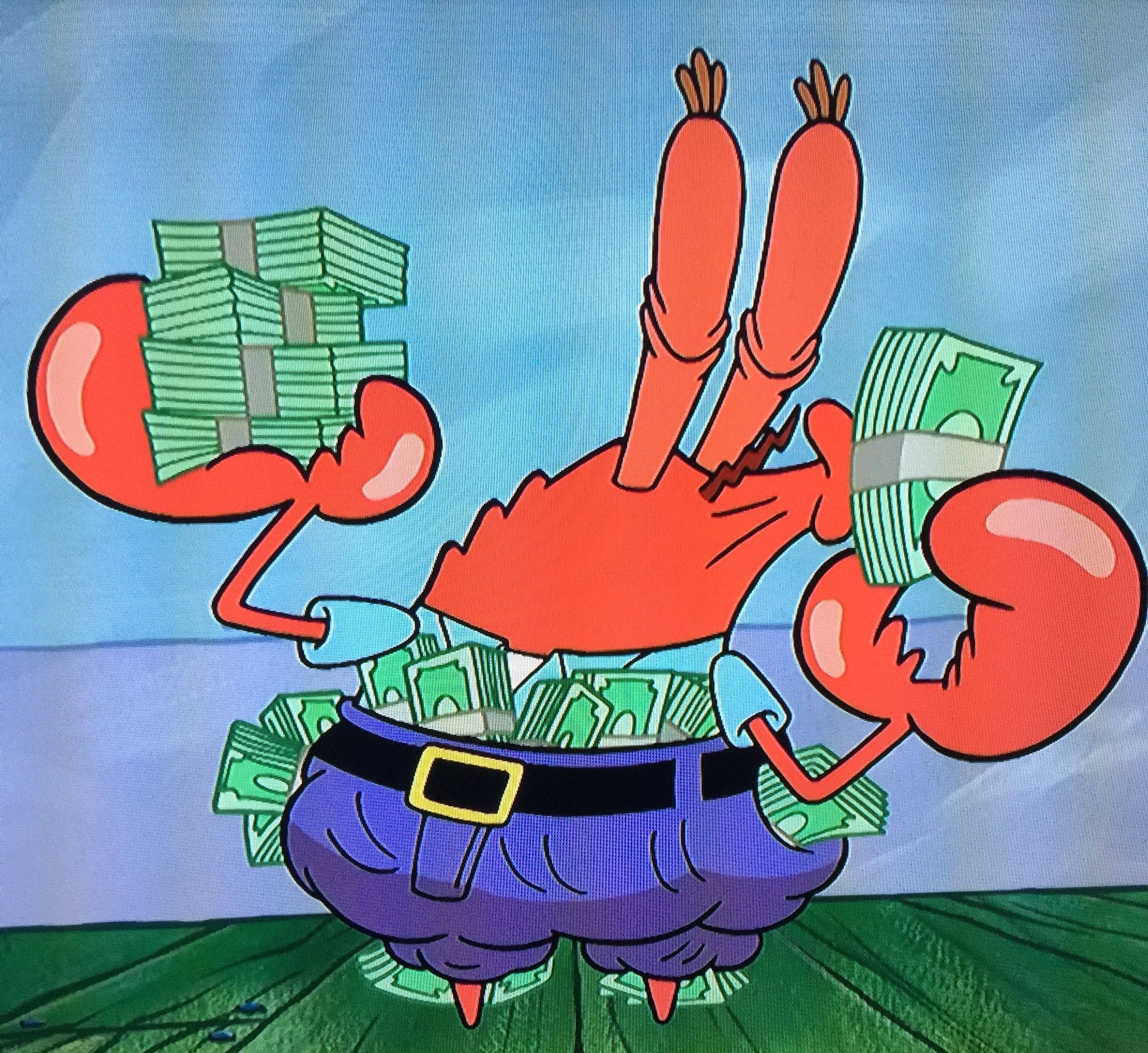 Mr Krabs 桌布 壁紙 — 一隻穿著紫色褲子的卡通螃蟹用雙鉗抱著一疊疊綠色現金，而錢從他的腰帶中灑出。