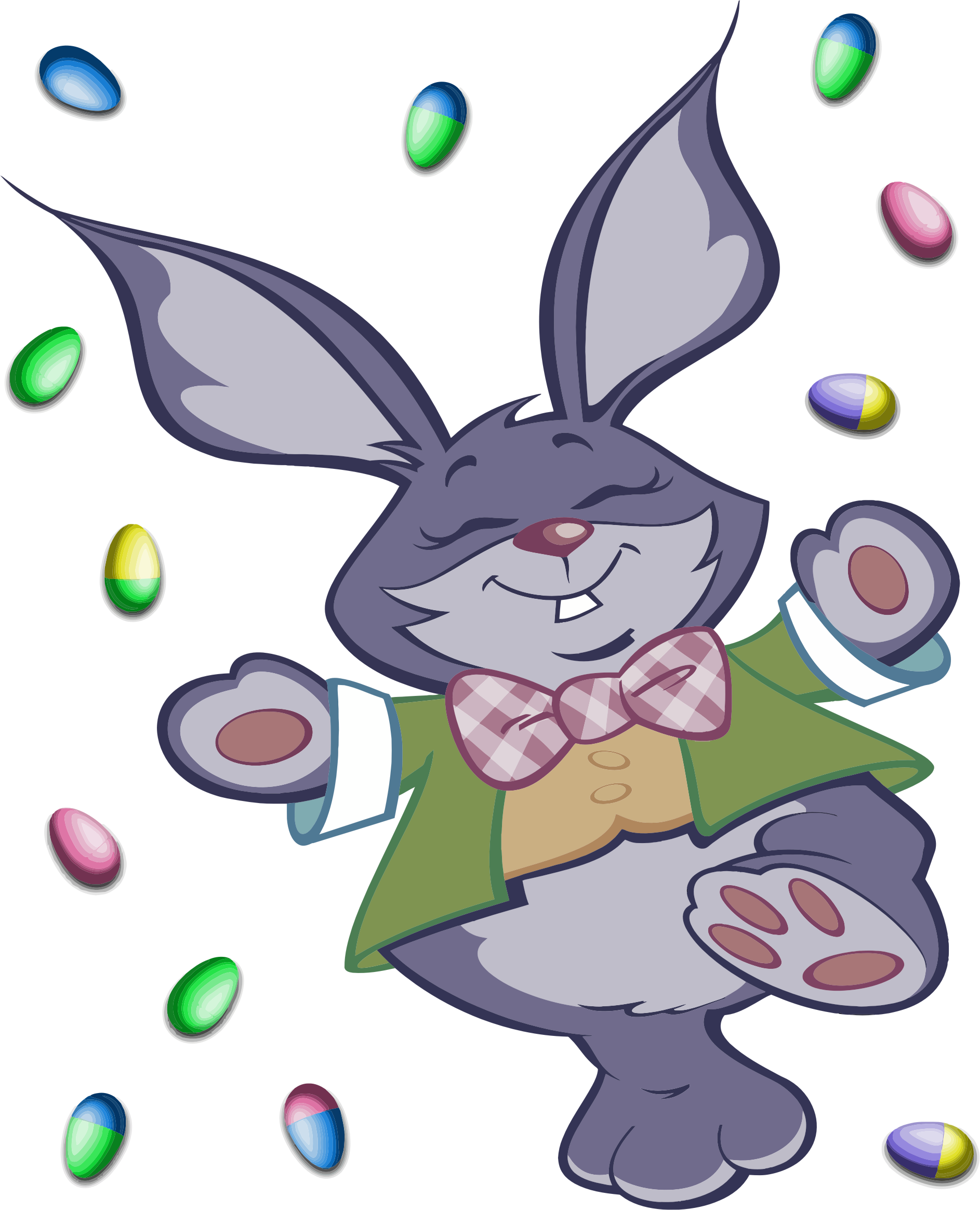 bunnies 桌布 壁紙 — 一隻穿著綠色外套和蝴蝶結的快樂灰色卡通兔，在黑色背景前歡快地雜耍著色彩繽紛的復活節彩蛋。