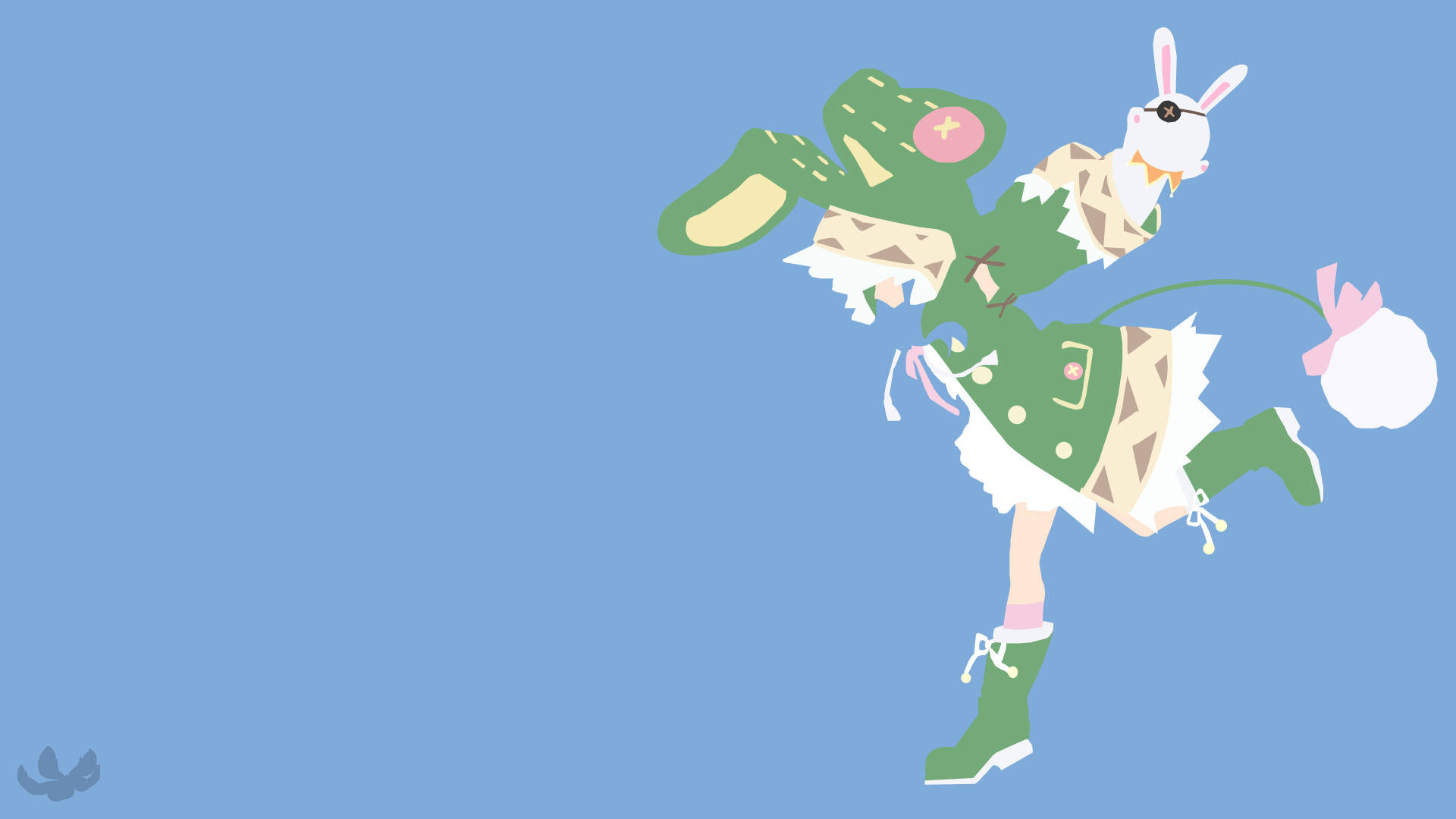 yoshino himekawa 桌布 壁紙 — 一隻穿著綠色服裝的奇幻動漫風格兔子在純藍色背景上歡快地跳躍。