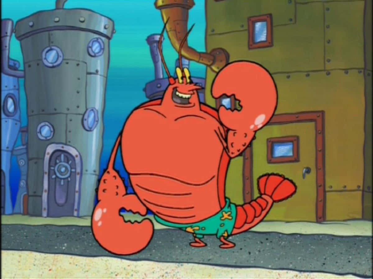 Larry The Lobster 桌布 壁紙 — 一隻穿著綠色泳褲的開心紅色卡通龍蝦，自豪地站在生鏽的水下建築物前。