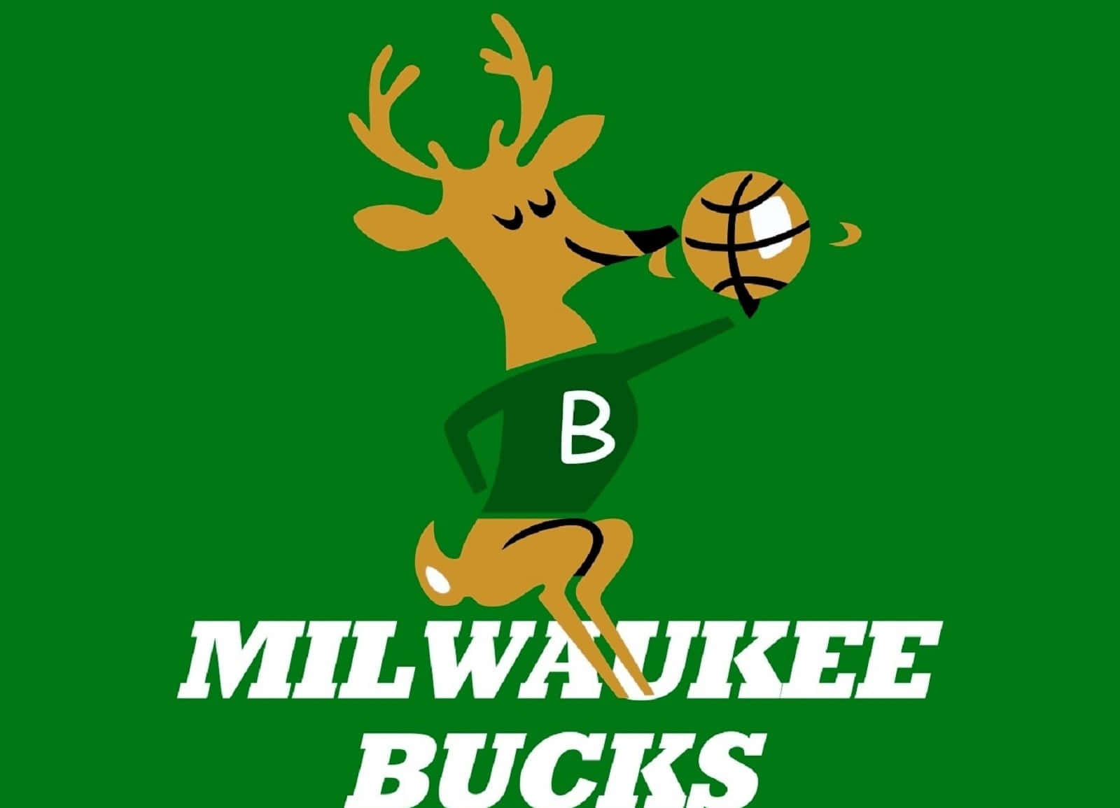 Milwaukee Bucks Logo 桌布 壁紙 — 一隻穿著綠色球衣的卡通鹿在純綠色背景上運球，並帶有'MILWAUKEE BUCKS'文字。