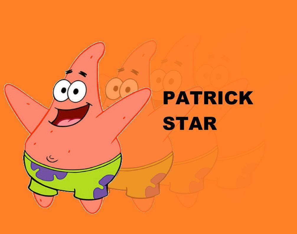 Patrick 桌布 壁紙 — 一隻穿著綠色短褲的開心粉紅色卡通海星，在橙色背景上微笑，並帶有他的名字文字。