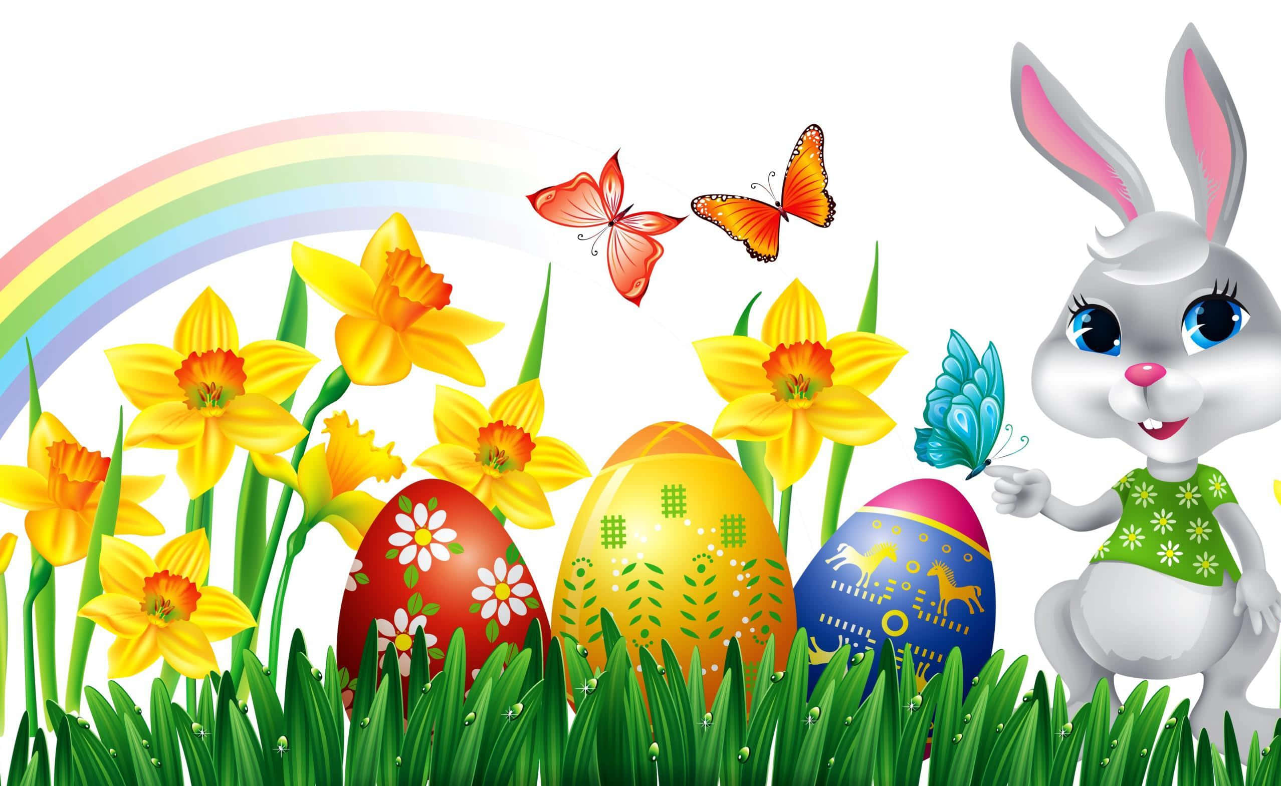 Easter Bunny 桌布 壁紙 — 一隻穿著綠色花襯衫的快樂卡通兔子指著彩虹下草地裡色彩繽紛的復活節蛋，旁邊有盛開的水仙花和翩翩起舞的蝴蝶。