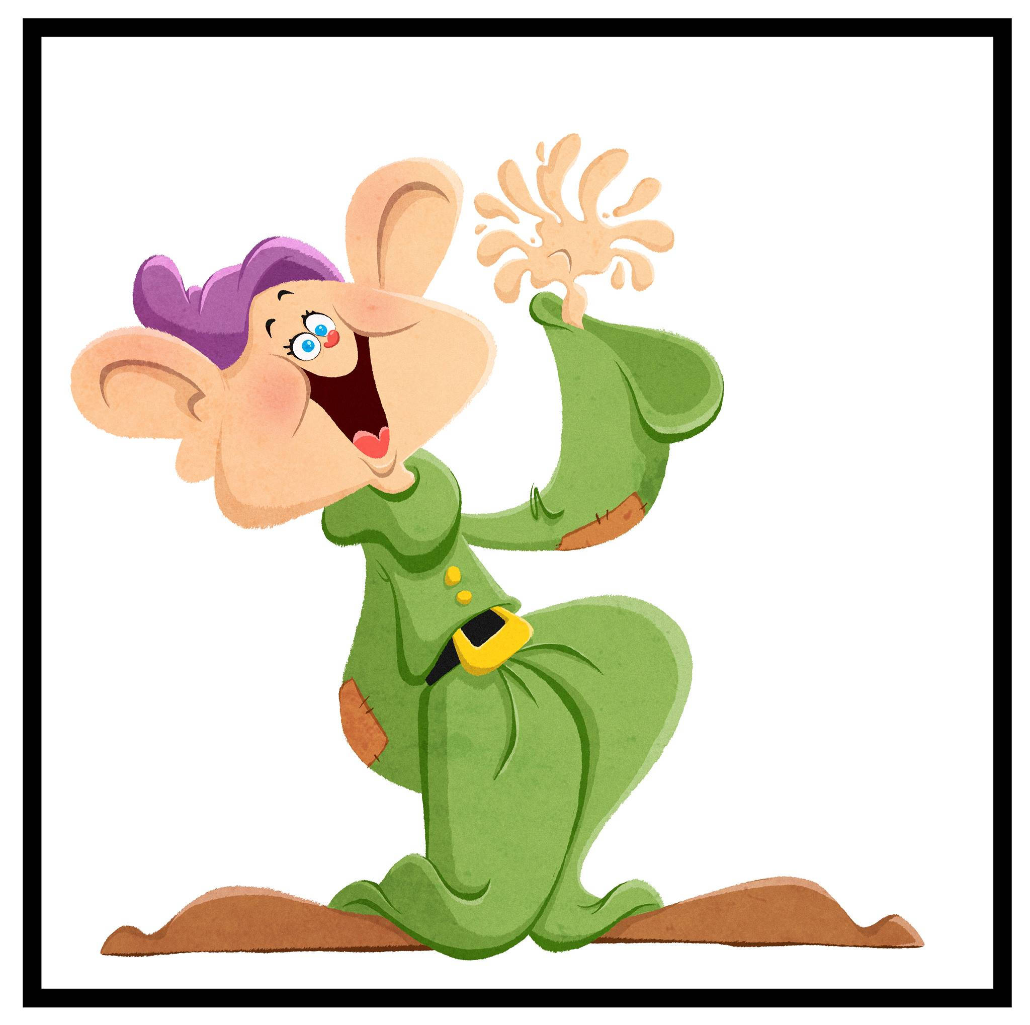 Dopey 桌布 壁紙 — 一隻穿著綠色衣服的快樂卡通老鼠，跪在棕色泥土上，開心地用一隻手潑濺泥巴。