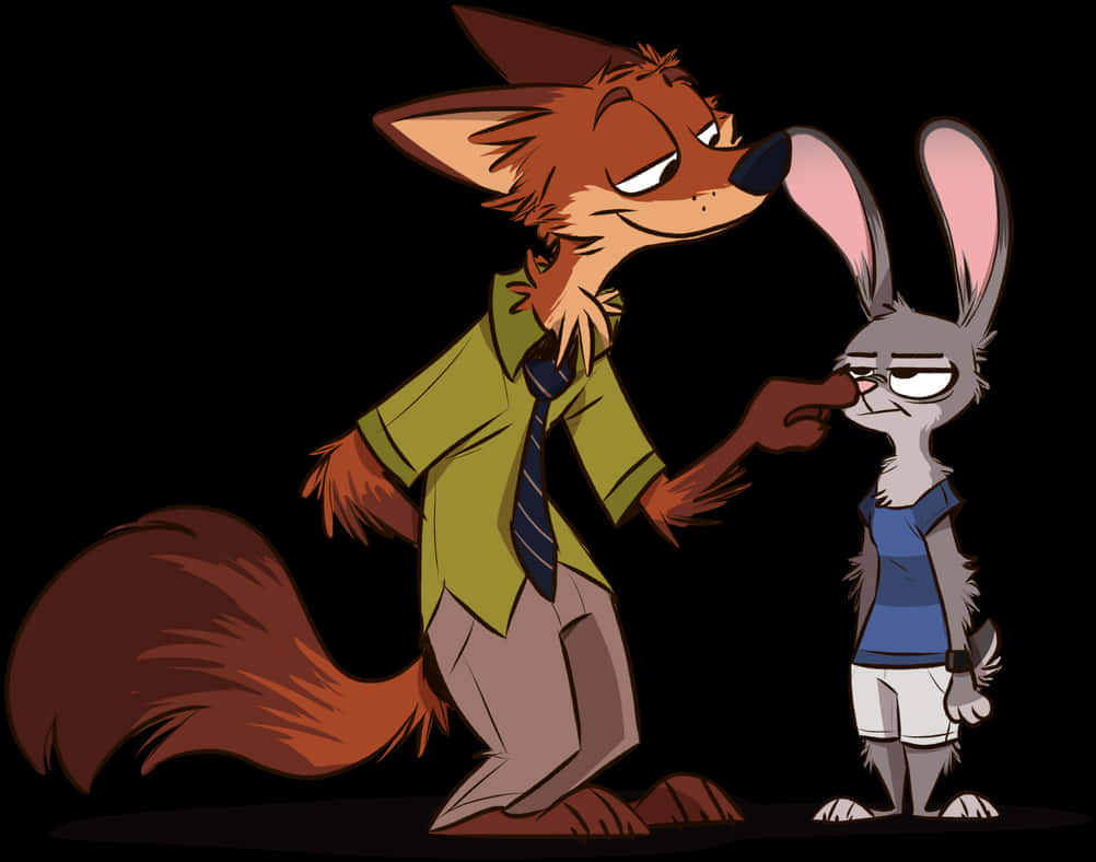 Nick Wilde 桌布 壁紙 — 一隻穿著綠色襯衫打領帶的自滿狐狸指著一隻穿著藍色襯衫的無聊兔子，背景為黑色。