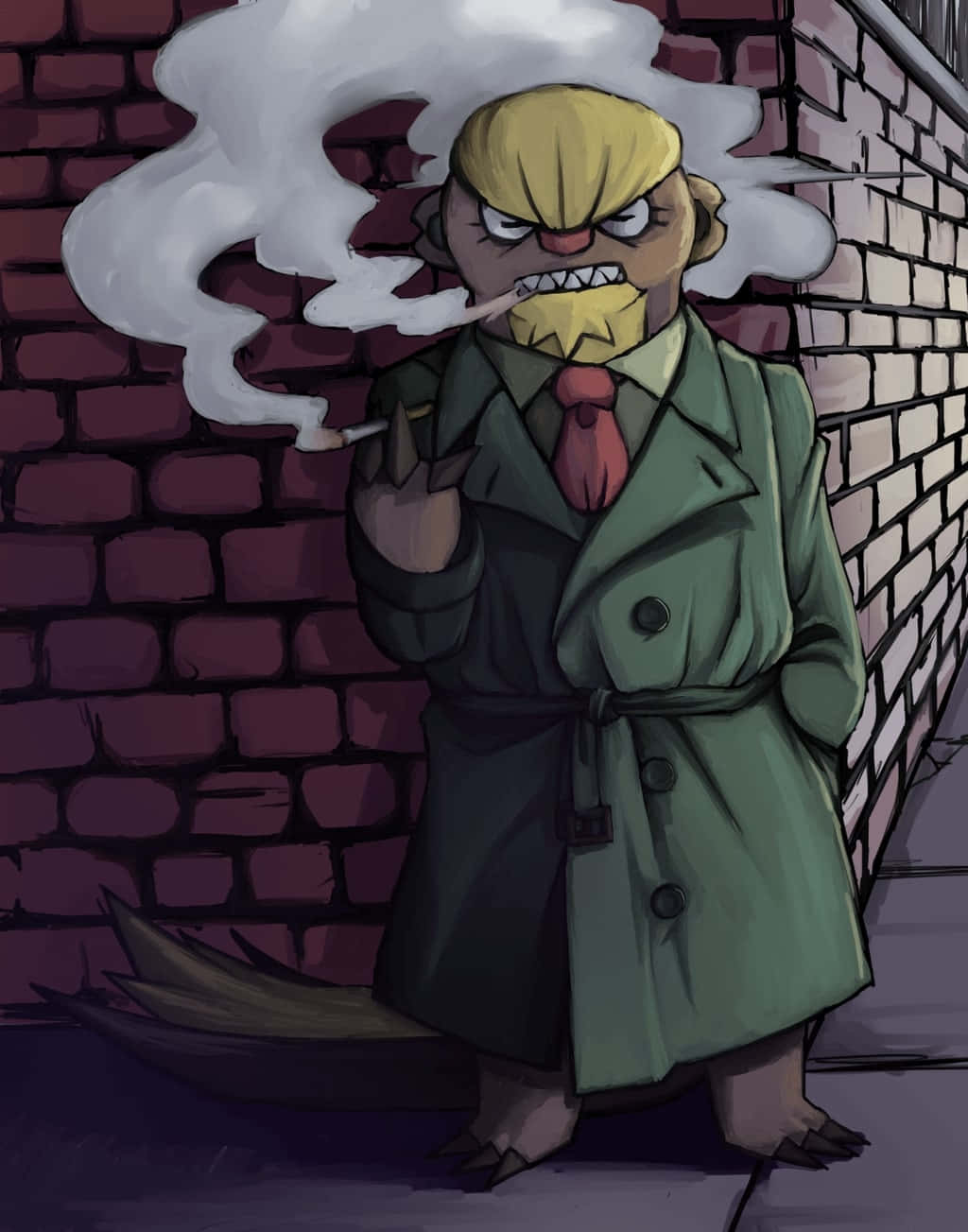 高清 桌布 壁紙 — 一隻穿著綠色風衣的憤怒擬人化狐狸靠著磚牆抽煙，煙霧在他頭頂盤旋。