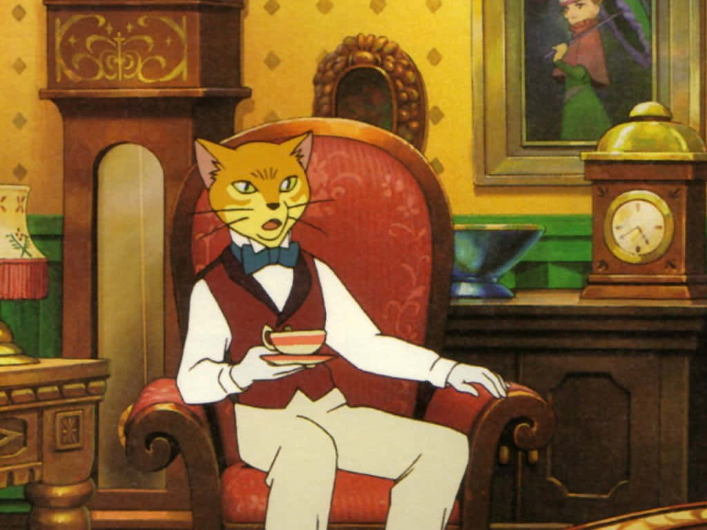 the cat returns 桌布 壁紙 — 一隻穿著背心和領結的時髦擬人化貓咪，威嚴地坐在紅色扶手椅上，在華麗的復古房間裡拿著茶杯。