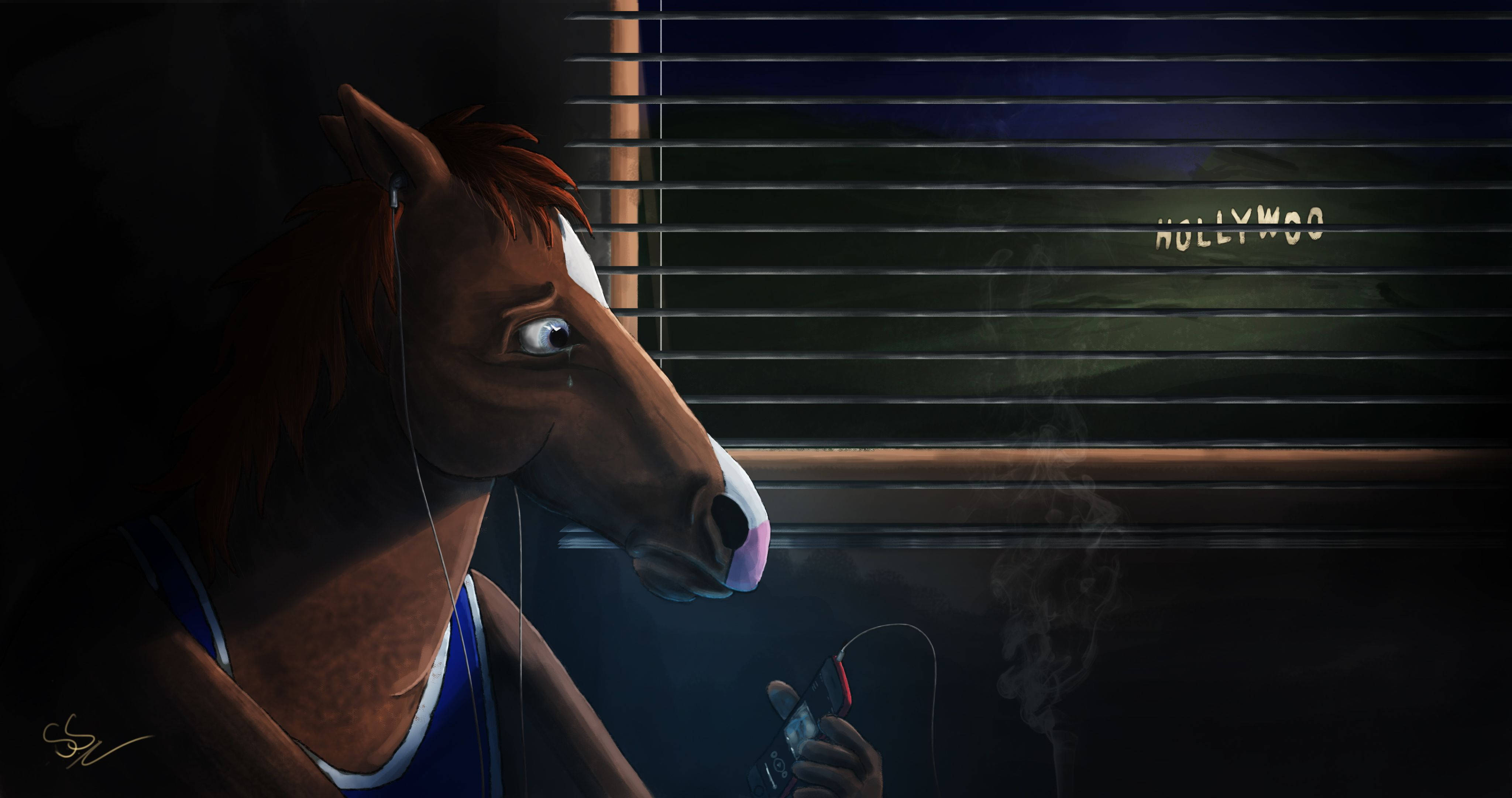 bojack 桌布 壁紙 — 一隻穿著背心的卡通馬在窗邊抽煙，窗外可見百葉窗和好萊塢標誌。